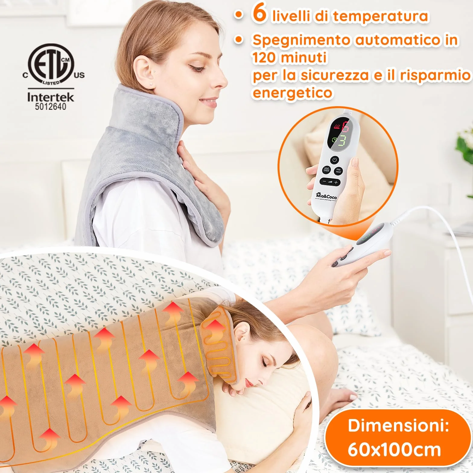 Termoforo Elettrico Cuscino Termico per Collo e Spalle, 60x100cm 6 livelli di riscaldamento, Timer di Spegnimento Automatico 2 ore, con Cintura in Vita, Scaldaschiena, Flanella, Lavabile in Lavatrice
