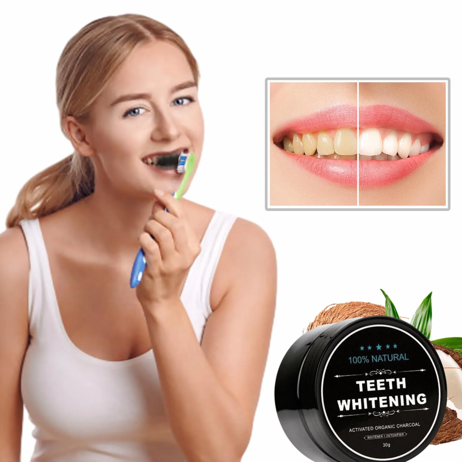 Sbiancante Dentale Polvere Sbiancante Denti con Carbonio Attivato 2 Pezzi + 2 Strisce Sbiancanti