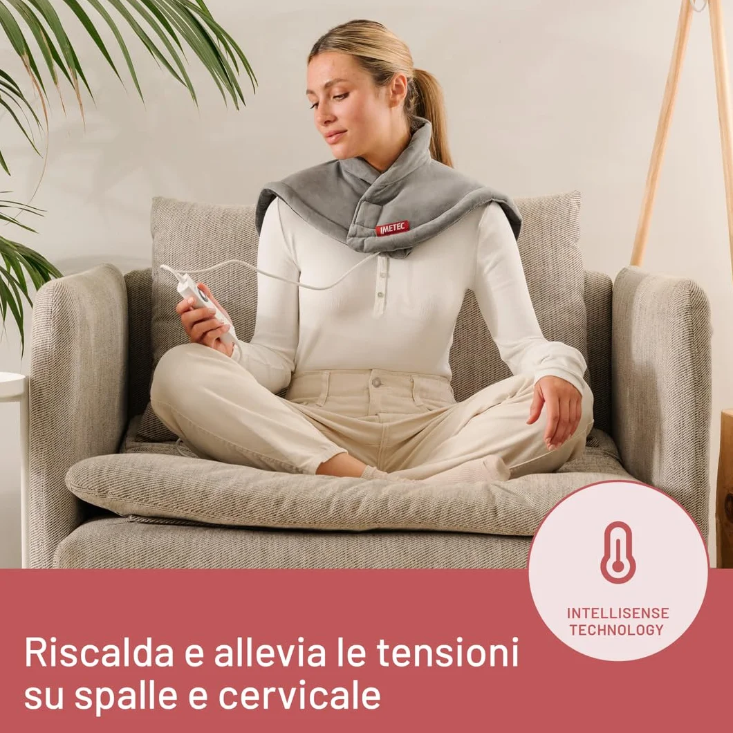 Imetec Intellisense Cervical – Termoforo cervicale e spalle, sollievo a tensioni e contratture, 47x52 cm, tessuto anallergico lavabile, 5 temperature, massima vestibilità