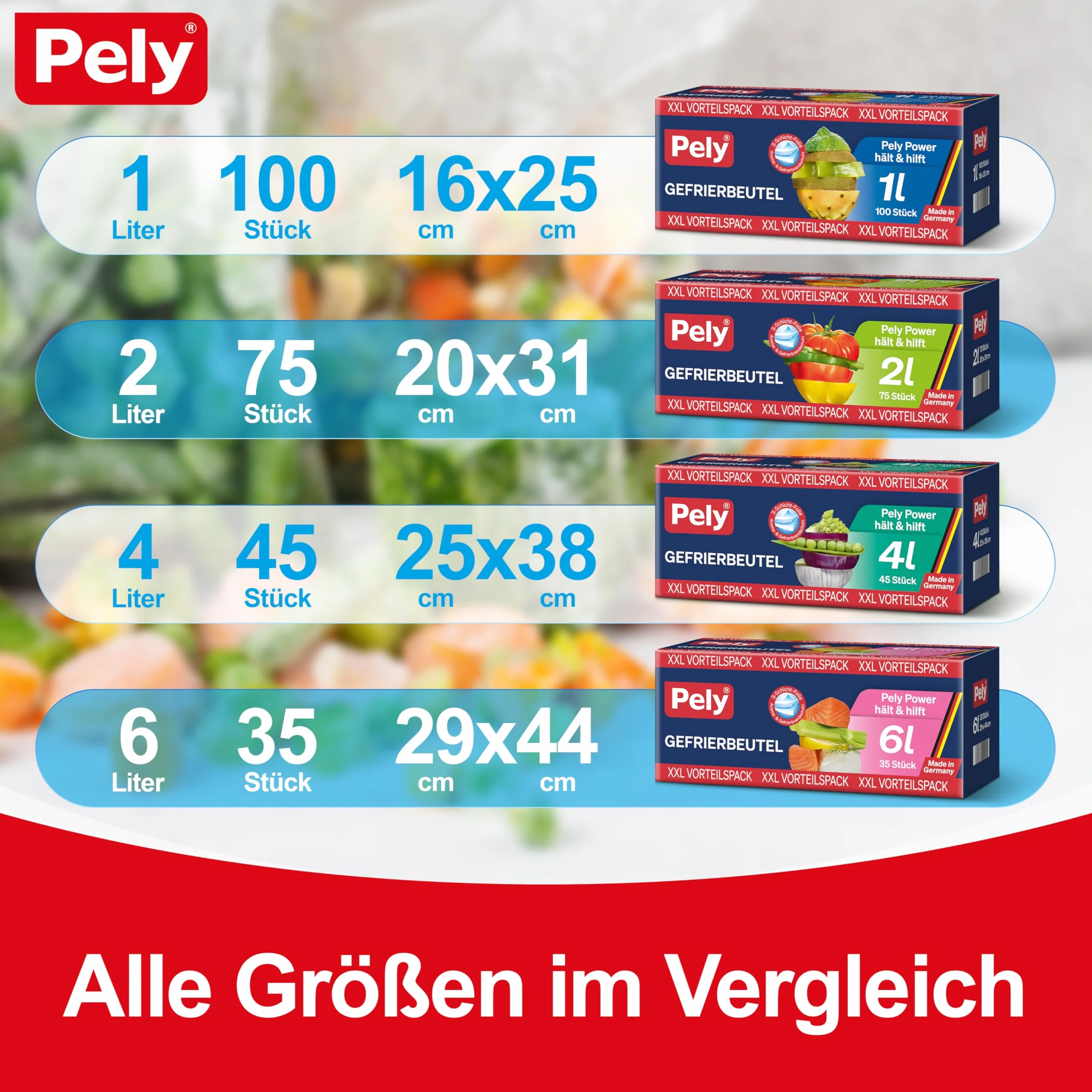 pely 8674 - Sacchetti per congelatore, 4 l, 45 sacchetti, confezione risparmio (4 litri)