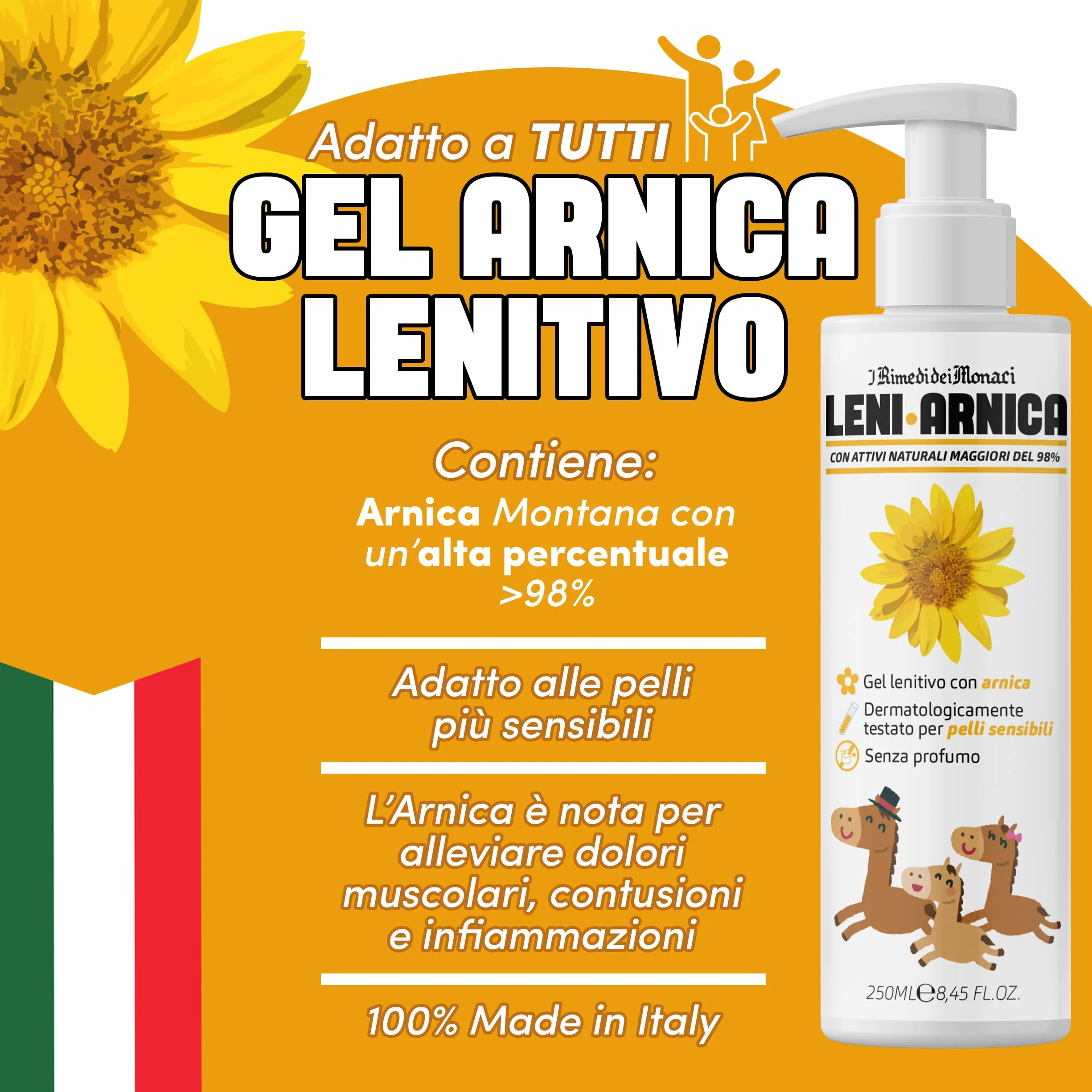 LeniArnica Gel Arnica Montana 98% Pelli Sensibili 250ml - Lenitivo Ipoallergenico Senza Profumo