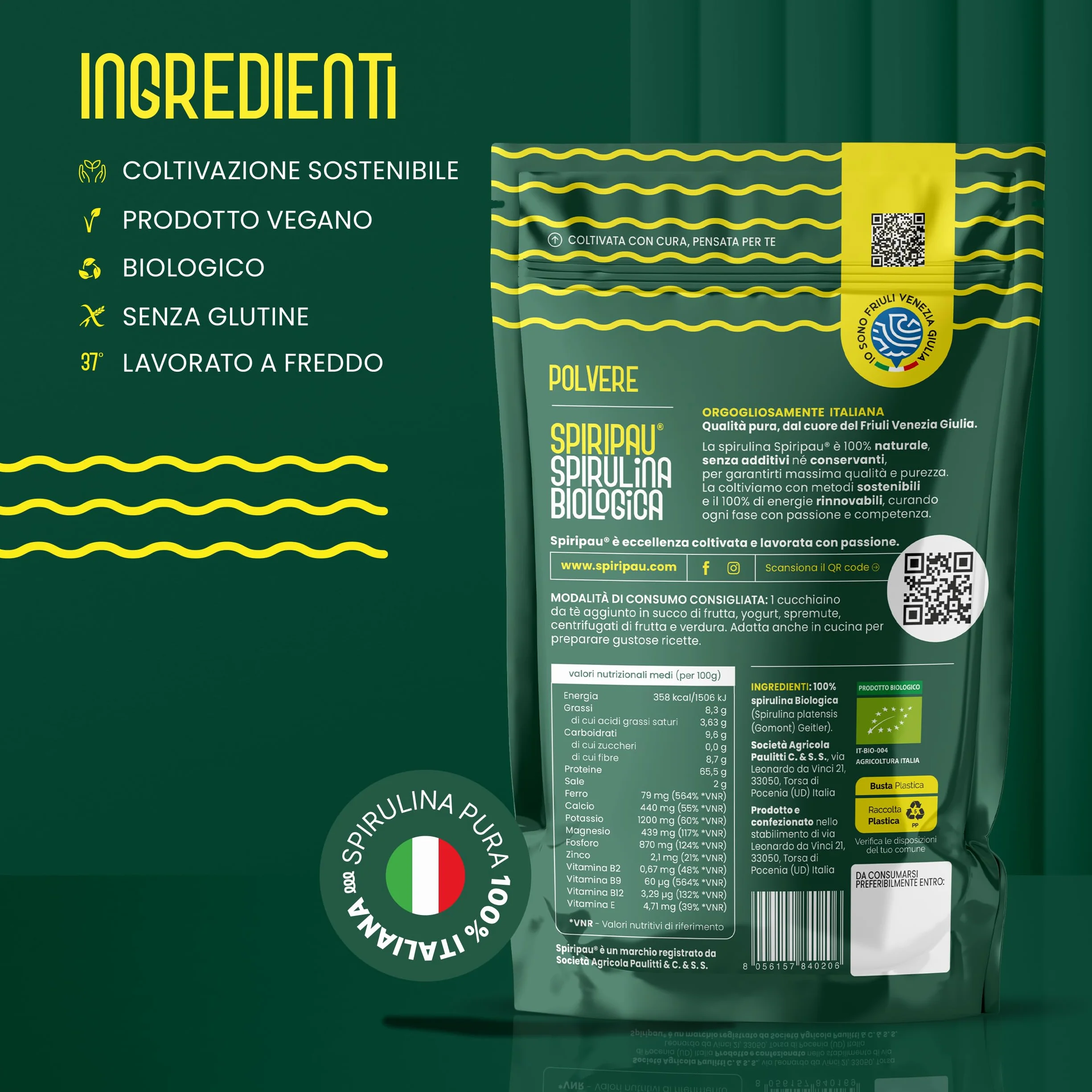 Spiripau Spirulina Bio Italiana in Polvere 50g - Superfood Naturale 100% Made in Italy Vegano