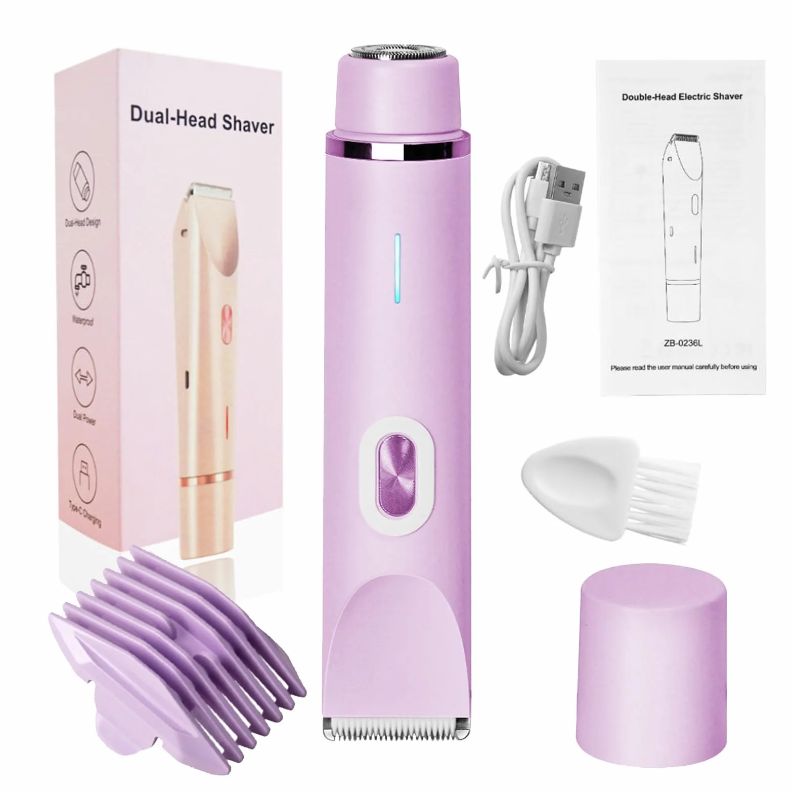 Klyne Rasoio Da Donna Elettrico 2 in 1 Tagliacapelli Impermeabile IPX7 Ricarica USB Purple