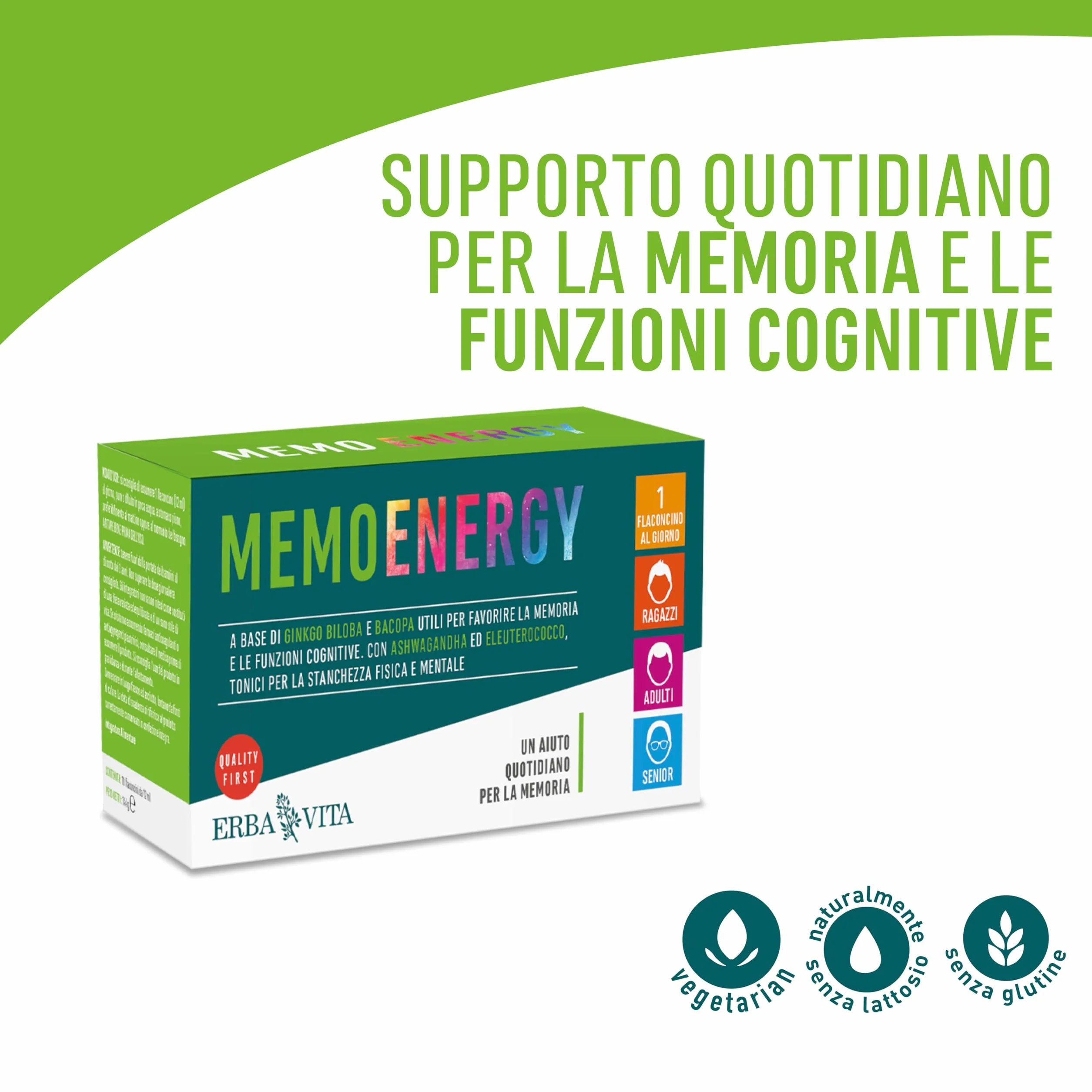 ERBA VITA Memo Energy integratore alimentare Ginkgo Biloba Bacopa memoria funzioni cognitive 10 flaconcini