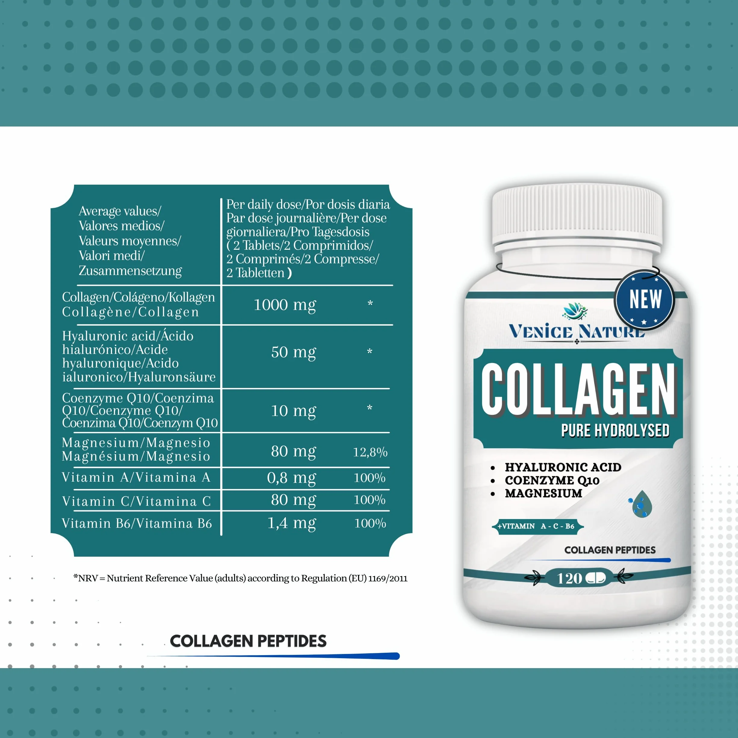 Collagene e Acido Ialuronico Integratore con Coenzima Q10 Vitamina C Magnesio Vitamina A B6 Collagen Venice Nature
