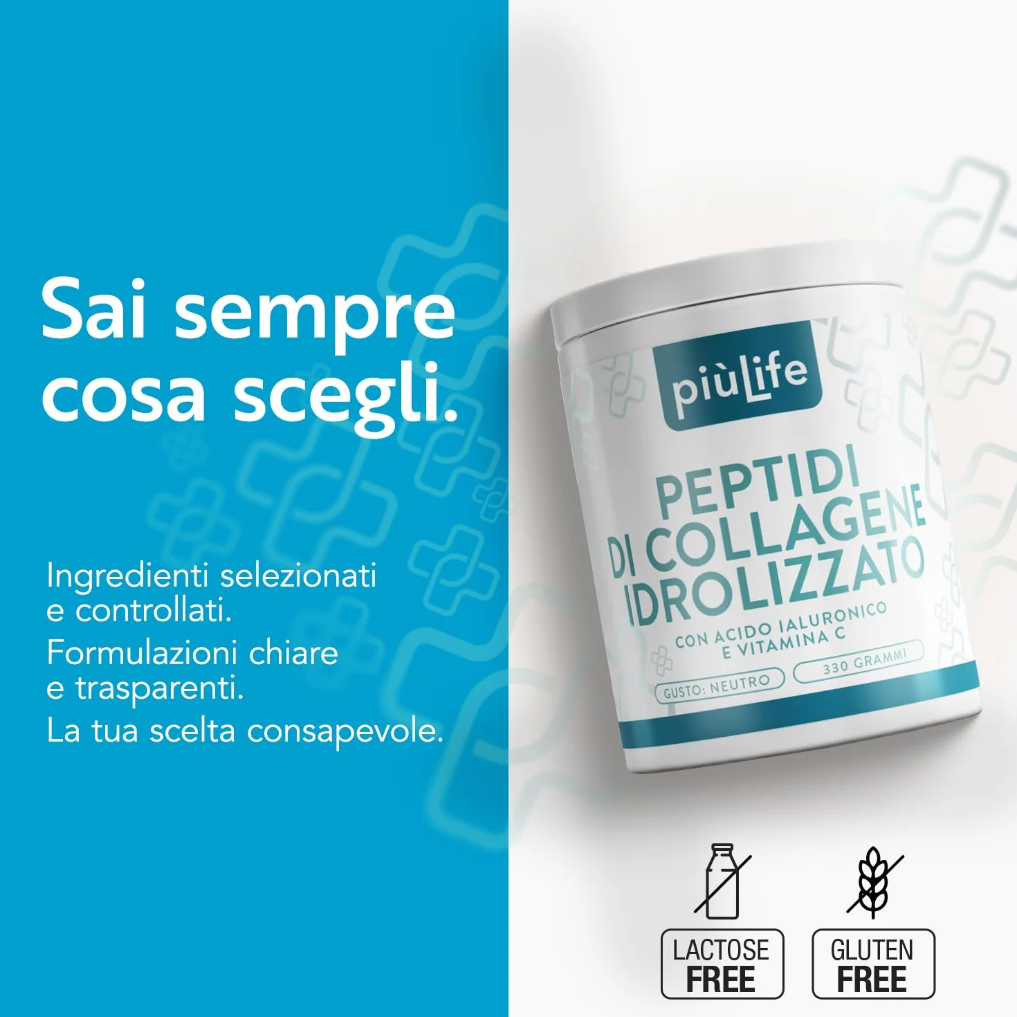 Peptidi di Collagene Idrolizzato Tipo 1 – 330g con Acido Ialuronico e Vitamina C PiùLife – Integratore Collagene Bovino