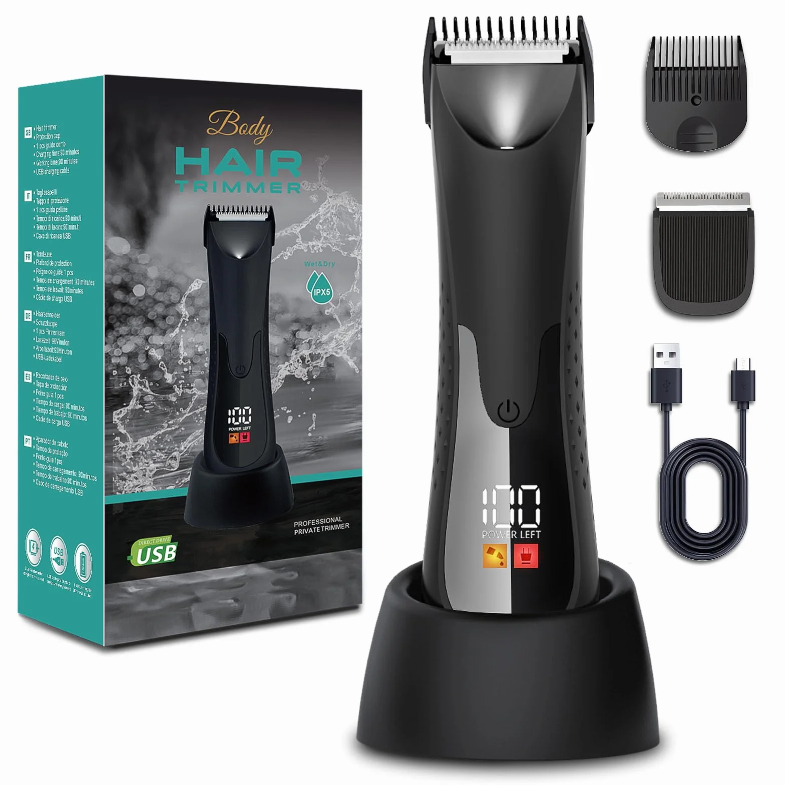 Vexloria Rasoio Elettrico Corpo Uomo, Depilatore Corpo con LED lampada e Display LCD, Lame in Ceramica, USB Ricaricabile Elettrico Rasoio Parti Intimo, Per Il Corpo, Intimo, Ascelle, Gambe R1