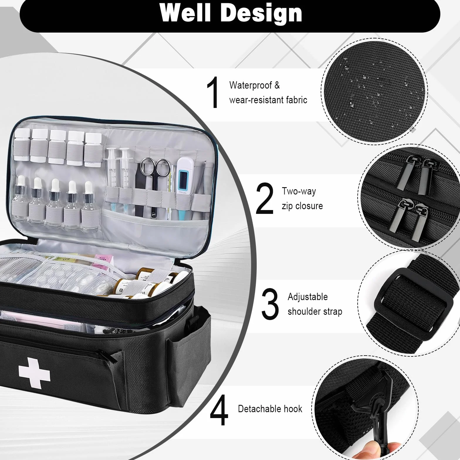Borsa Medica a 2 Strati per Infermiere Pronto Soccorso Portatile Nero