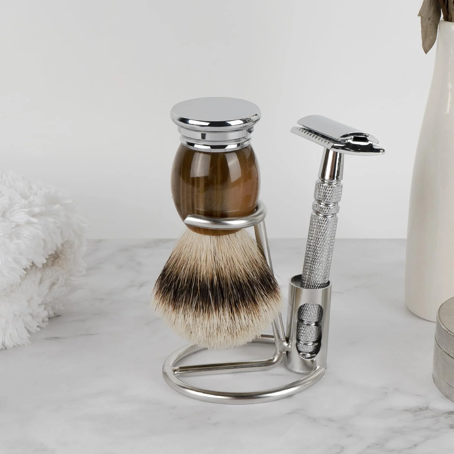 Linkidea Supporto per rasoio di sicurezza in acciaio inox, portaspazzola per barba corta da uomo, accessori bagno compatibili con Merkur 34HD, 23C, Henson Shaving AL 13, Vikings Blade (Argento)
