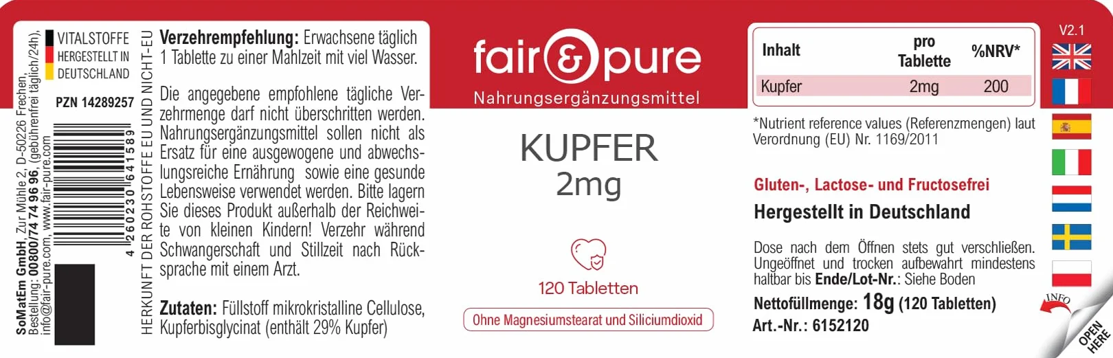 Fair & Pure® - Rame bisglicinato 2mg - Integratore di rame - Buona disponibilità biologica - Vegan - 120 Compresse