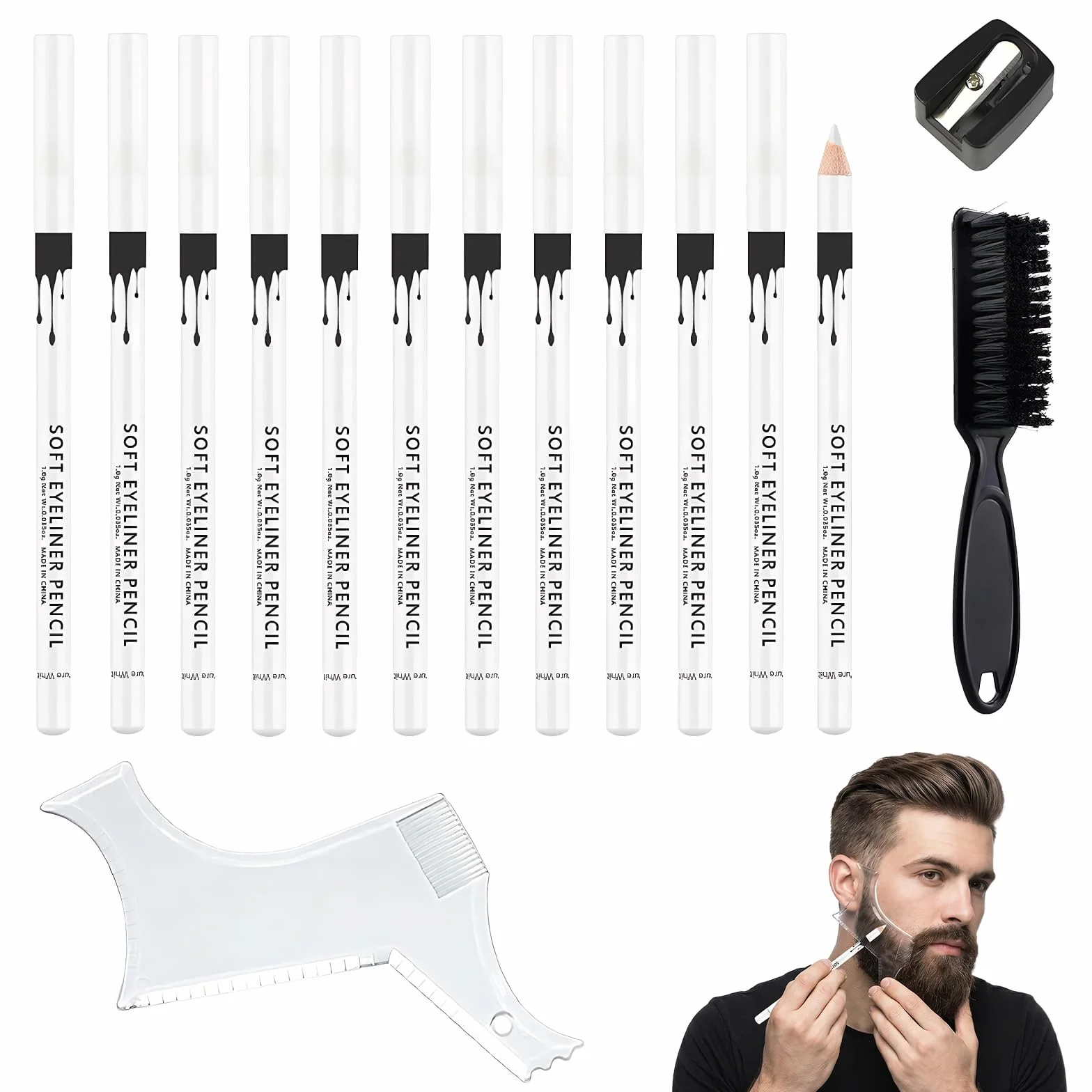 Matita Bianco Barber per Disegnare Contorno Capelli e Modellare Barba con Temperamatite e Spazzola