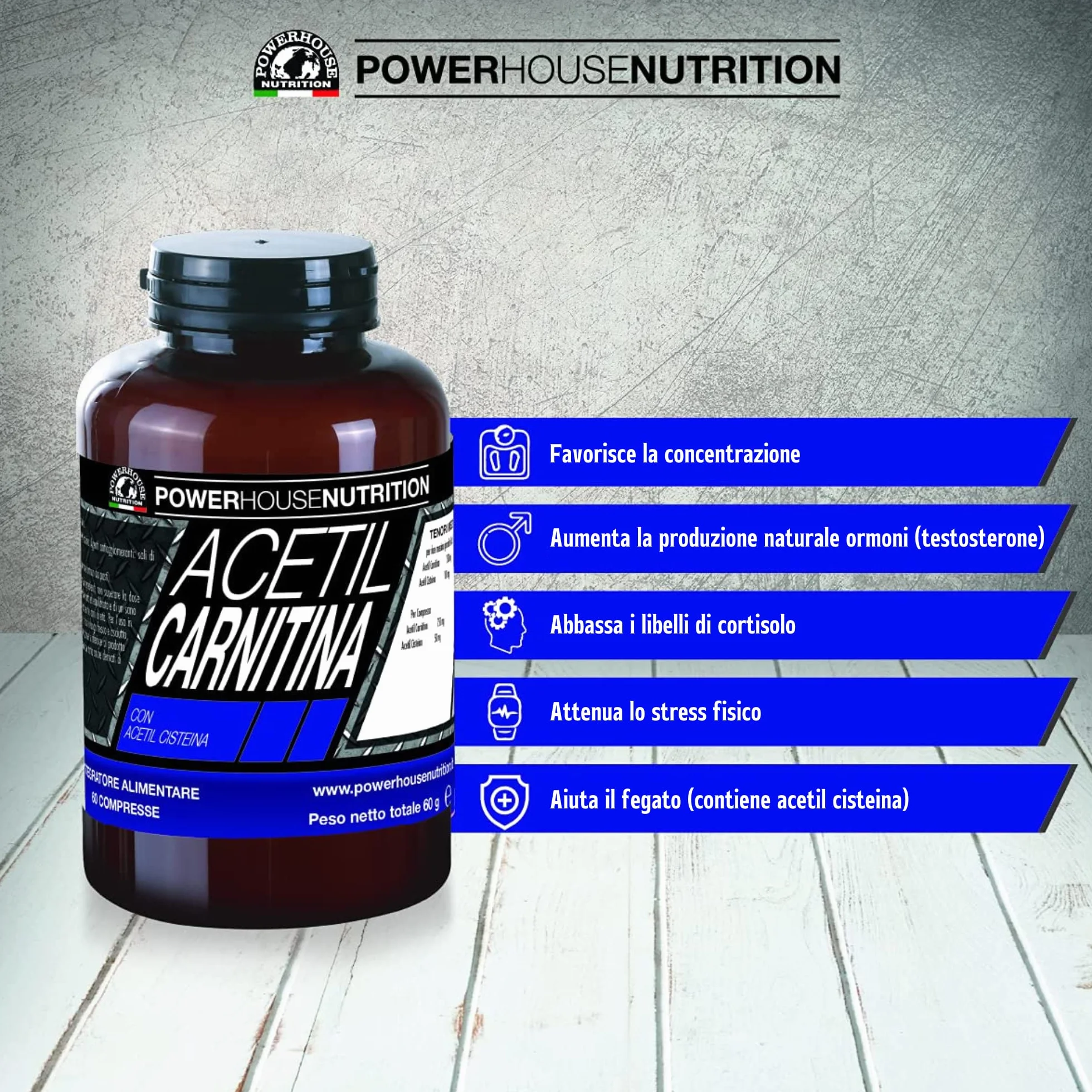 Acetil Carnitina 1500mg Alto Dosaggio 60 compresse Powerhouse Nutrition