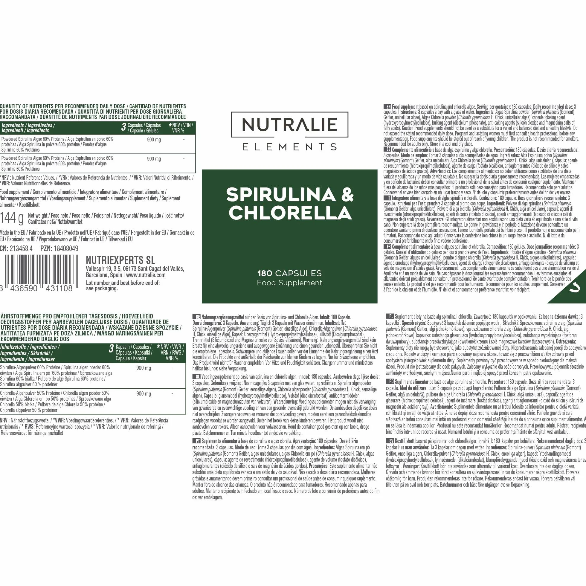 Nutralie Spirulina e Clorella 1800mg 180 Capsule Vegano