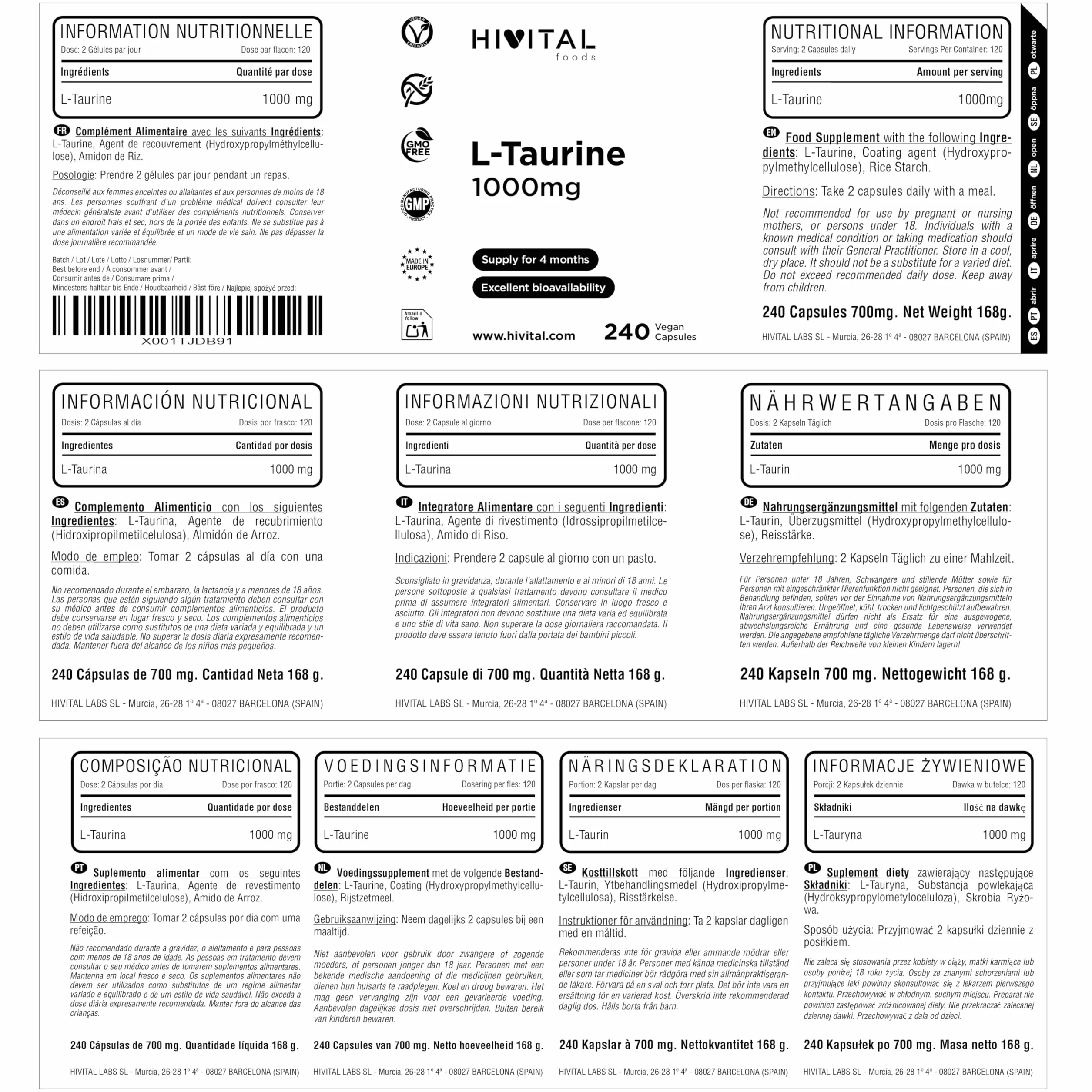 L-Taurina 1000 mg 240 capsule vegane integratore amminoacido HIVITAL