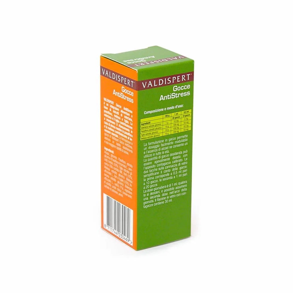 Valdispert Gocce Antistress, Integratore Naturale Rilassamento con Valeriana, Passiflora, Melissa e Tiglio, 30 ml
