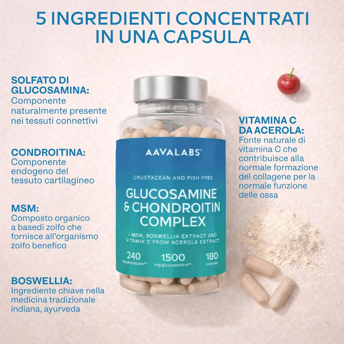 Glucosamina Condroitina MSM Integratore Alto Dosaggio con Boswellia Serrata e Vitamina C Naturale da Acerola - Senza Pesce e Crostacei - Integratore Difese Immunitarie, Ossa, Cartilagini - 180 Capsule