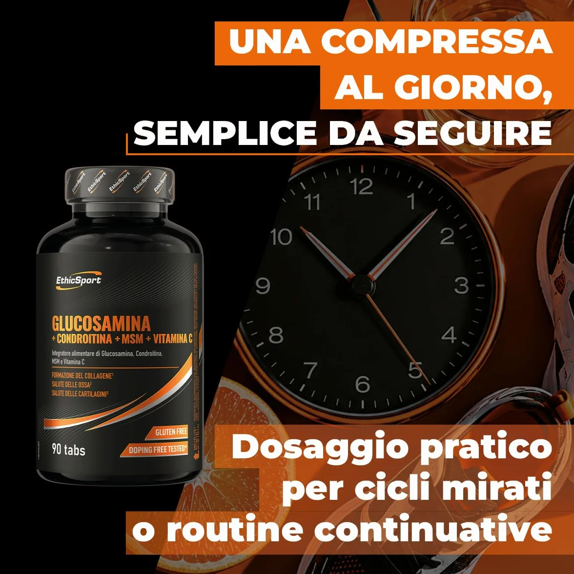 Glucosamina + Condroitina + MSM EthicSport – Integratore articolazioni con Vitamina C 100% NRV per collagene, cartilagini e ossa – 90 compresse – Gluten free, doping free tested*