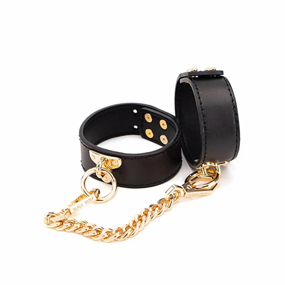 Giocattolo di coppia in pelle, cinturino regolabile con catena dorata, polsino con gancio, accessorio per gioco di ruolo, nero