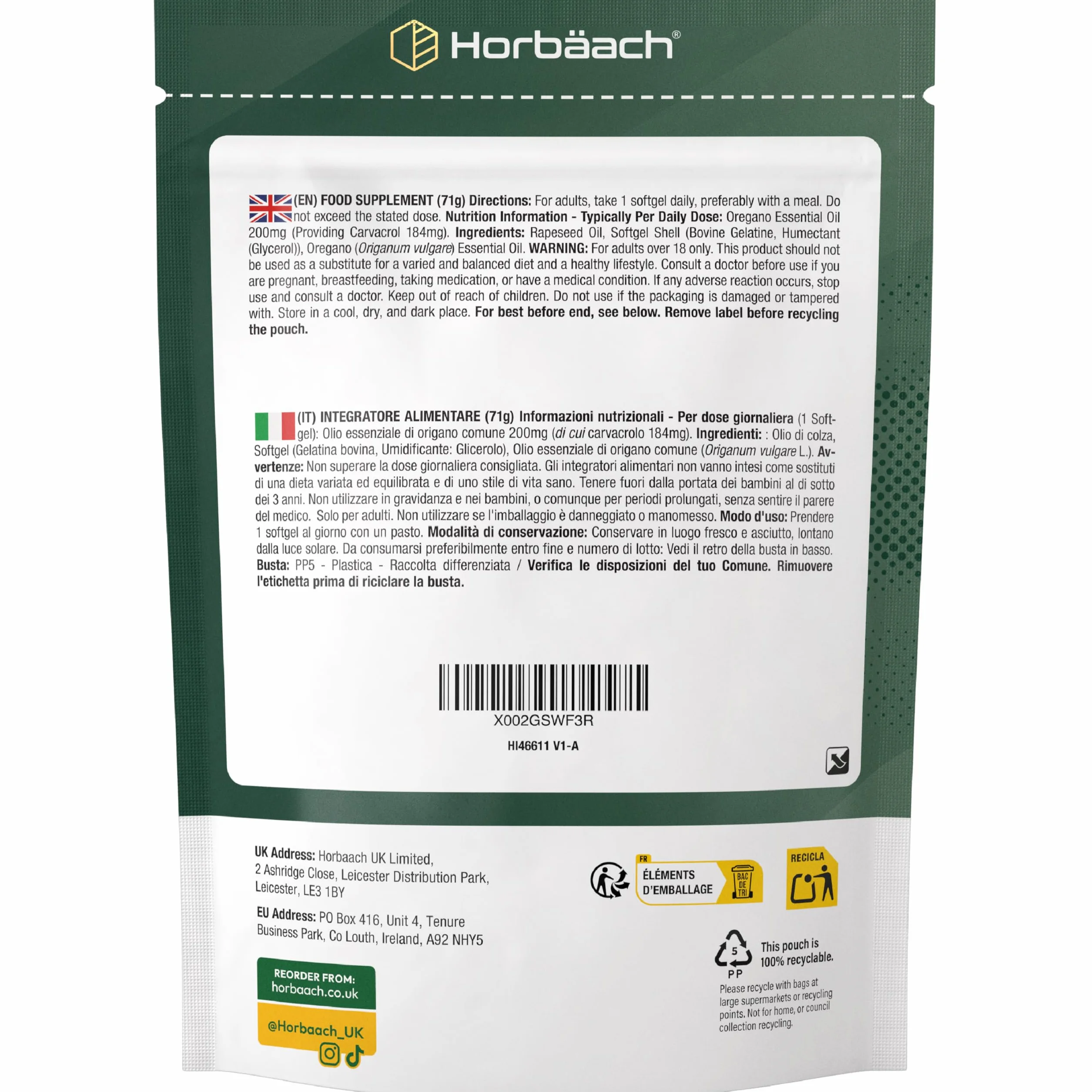 Horbaach Olio di Origano Capsule 200mg 90 Capsules 184mg Carvacrolo Alto Dosaggio