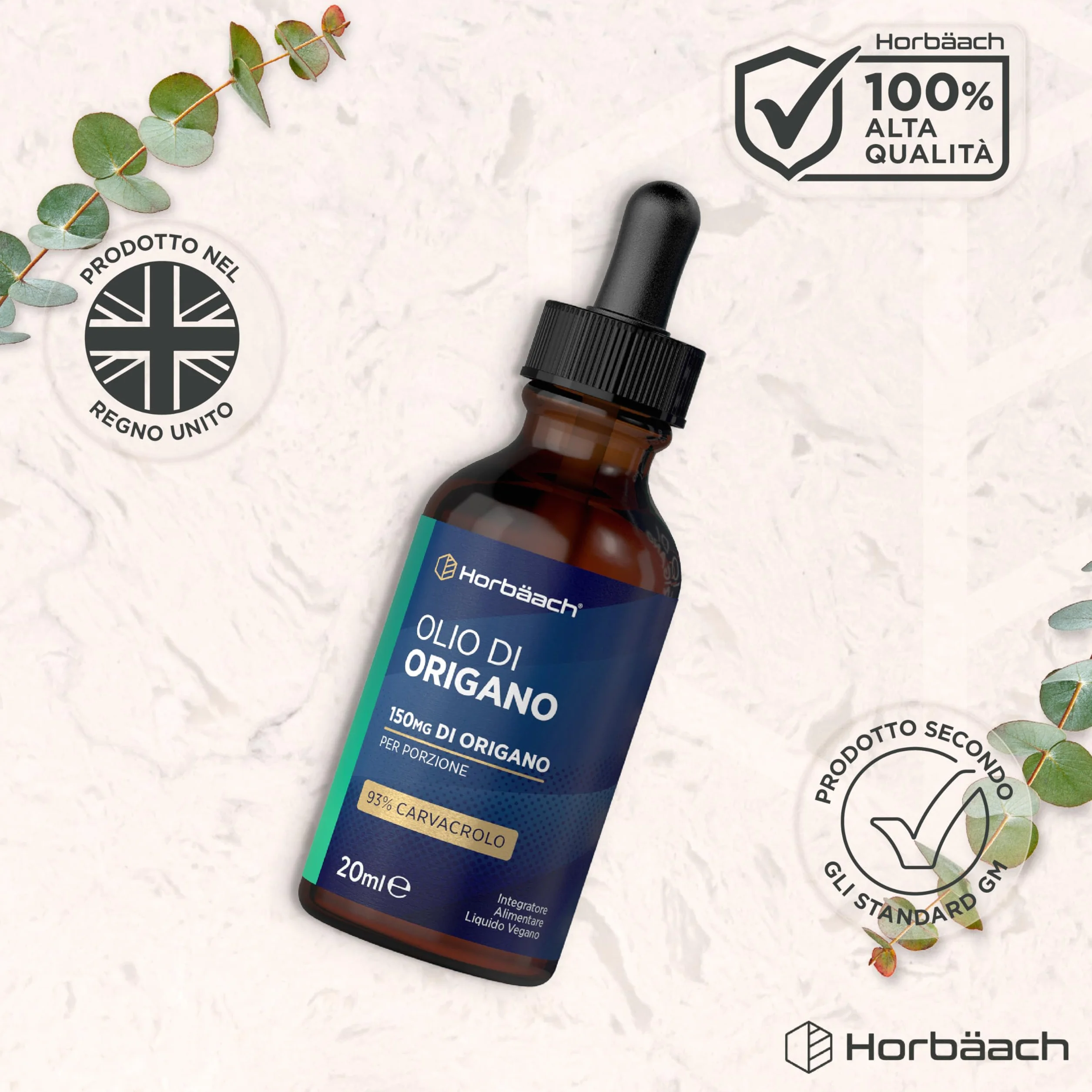 Olio di Origano Gocce 100% Puro Alto dosaggio Carvacrolo 20 ml Vegano Horbaach