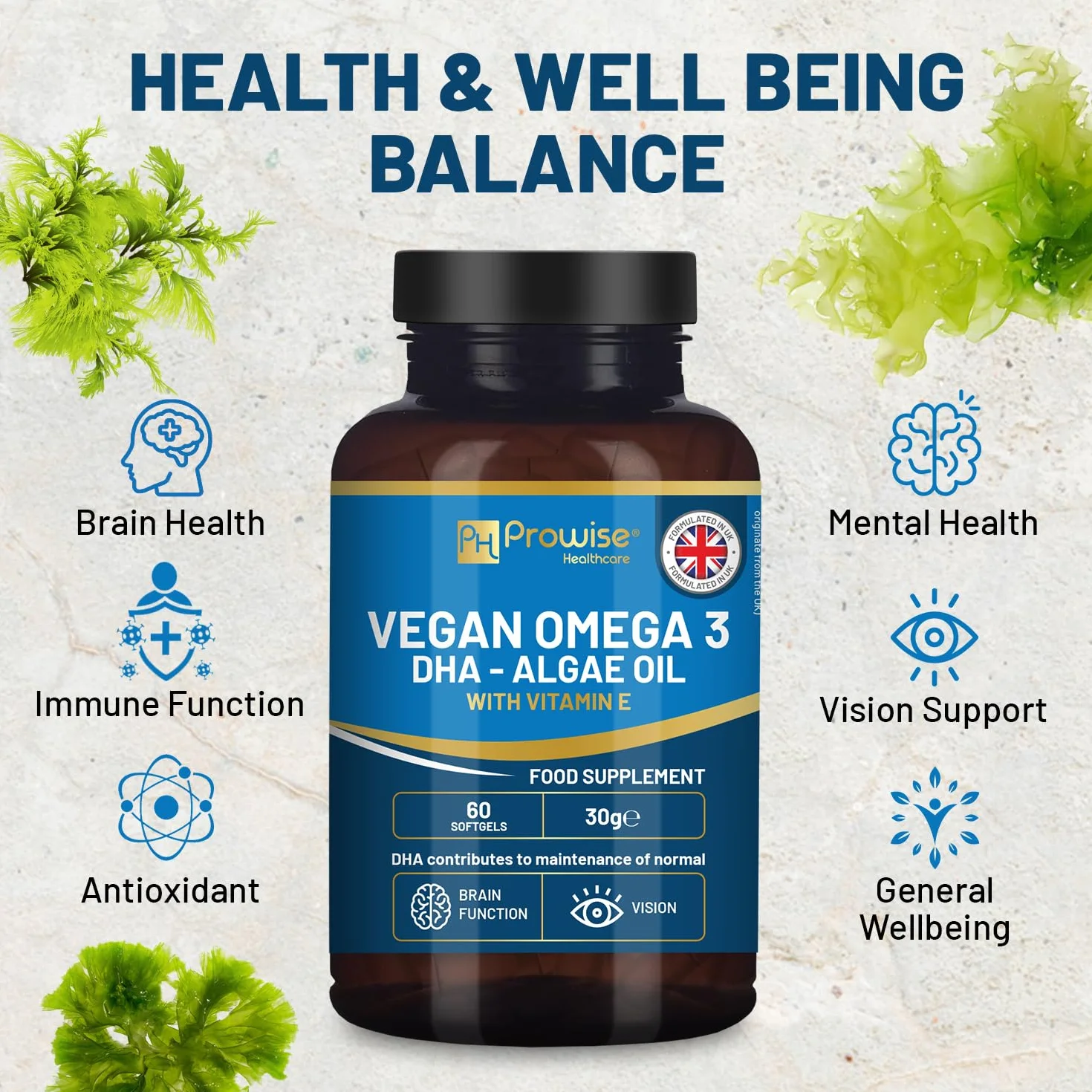 Prowise Vegan Omega-3 DHA da olio di alghe | 60 capsule molli con vitamina E | 400 mg di DHA + 10 mg di vitamina E | 100% vegetale | Fonte pura e sostenibile