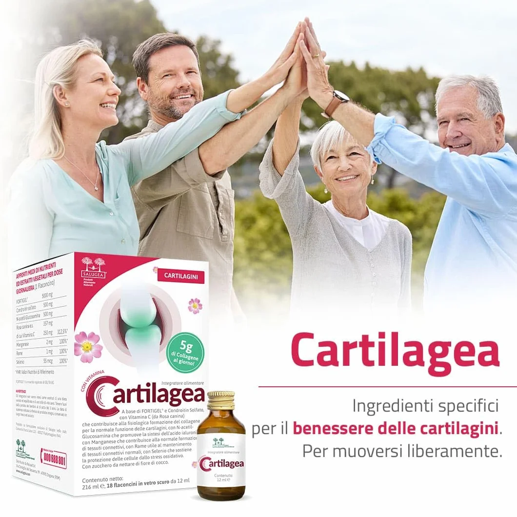 CARTILAGEA Salugea Integratore Cartilagini Collagene Idrolizzato Glucosamina Condroitina Rosa Canina Manganese Rame Selenio 18 Flaconcini