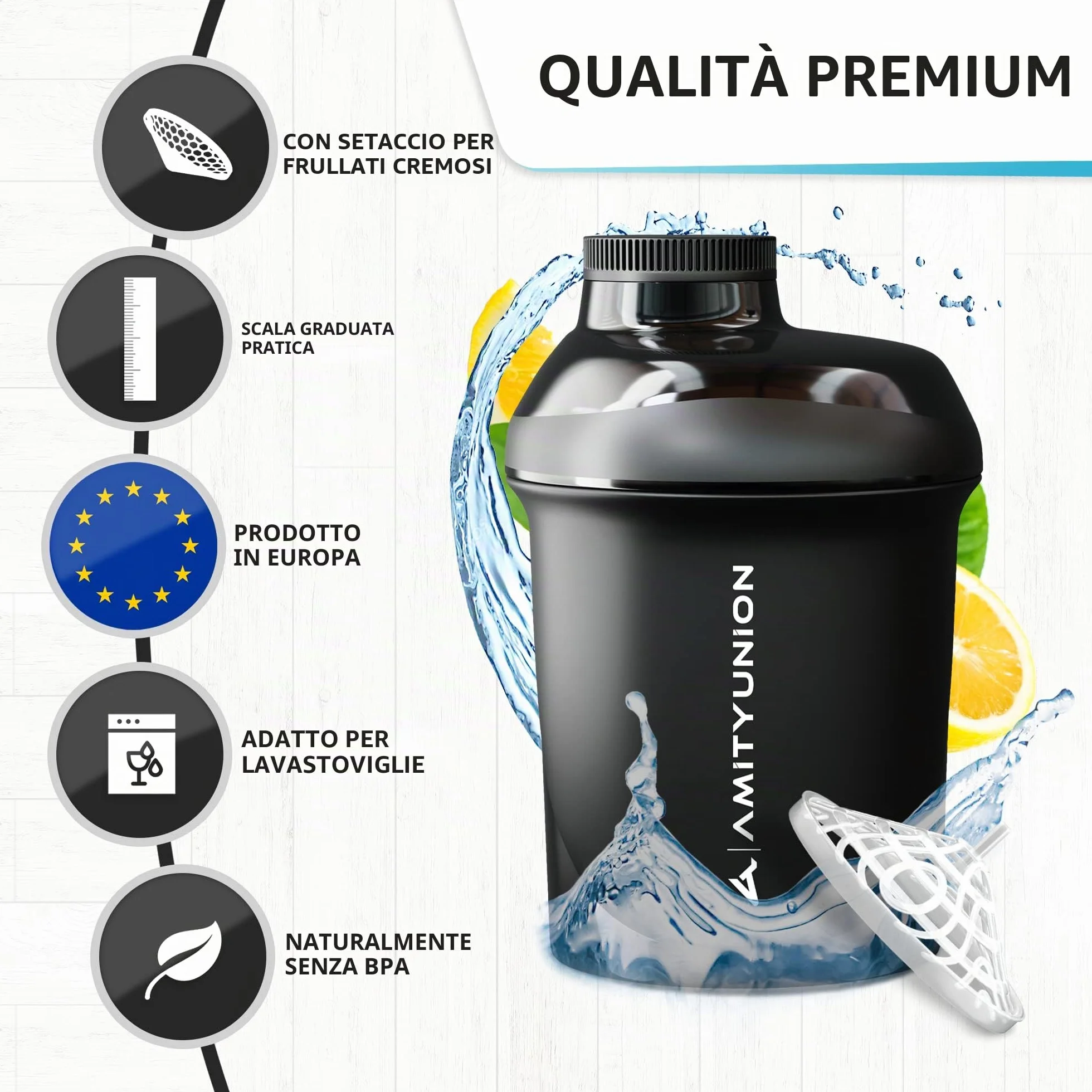 AMITYUNION Shaker proteico da 400 ml con colino per proteine – Piccolo shaker per proteine a prova di perdite, senza BPA, con scala per frullati di proteine del siero cremoso, concentrati di proteine