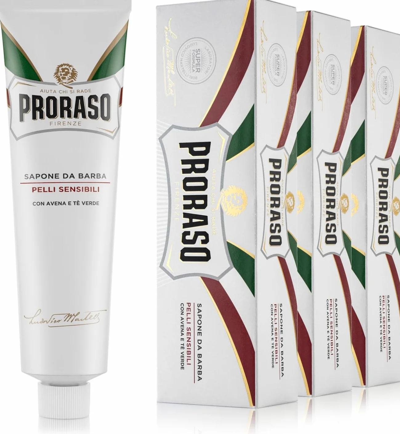 Proraso Sapone da Barba in Tubo Pelli Sensibili, 3 x 150ml, con Avena e Tè Verde