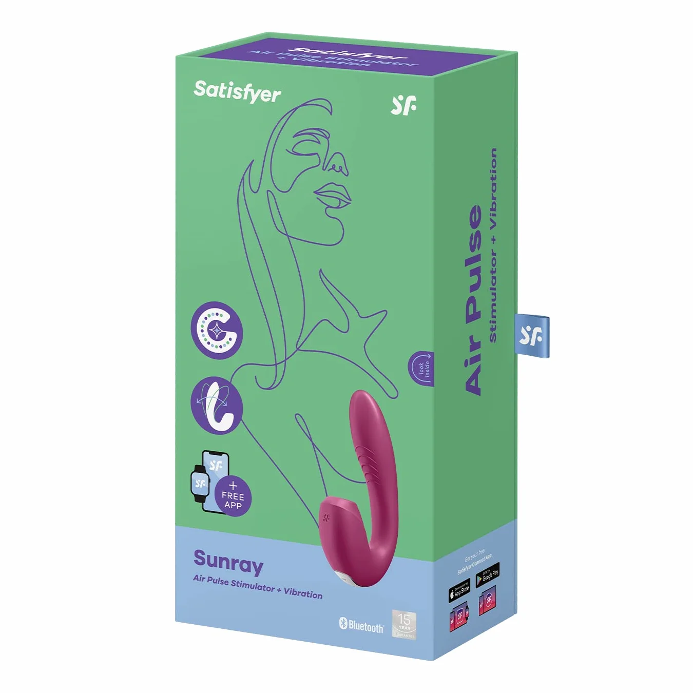 Satisfyer, vibratore a onde di pressione, Rabbit, Sunray Connect App', 15 cm, con app,impermeabile, ricaricabile, silicone delicato sulla pelle, colore:bacca