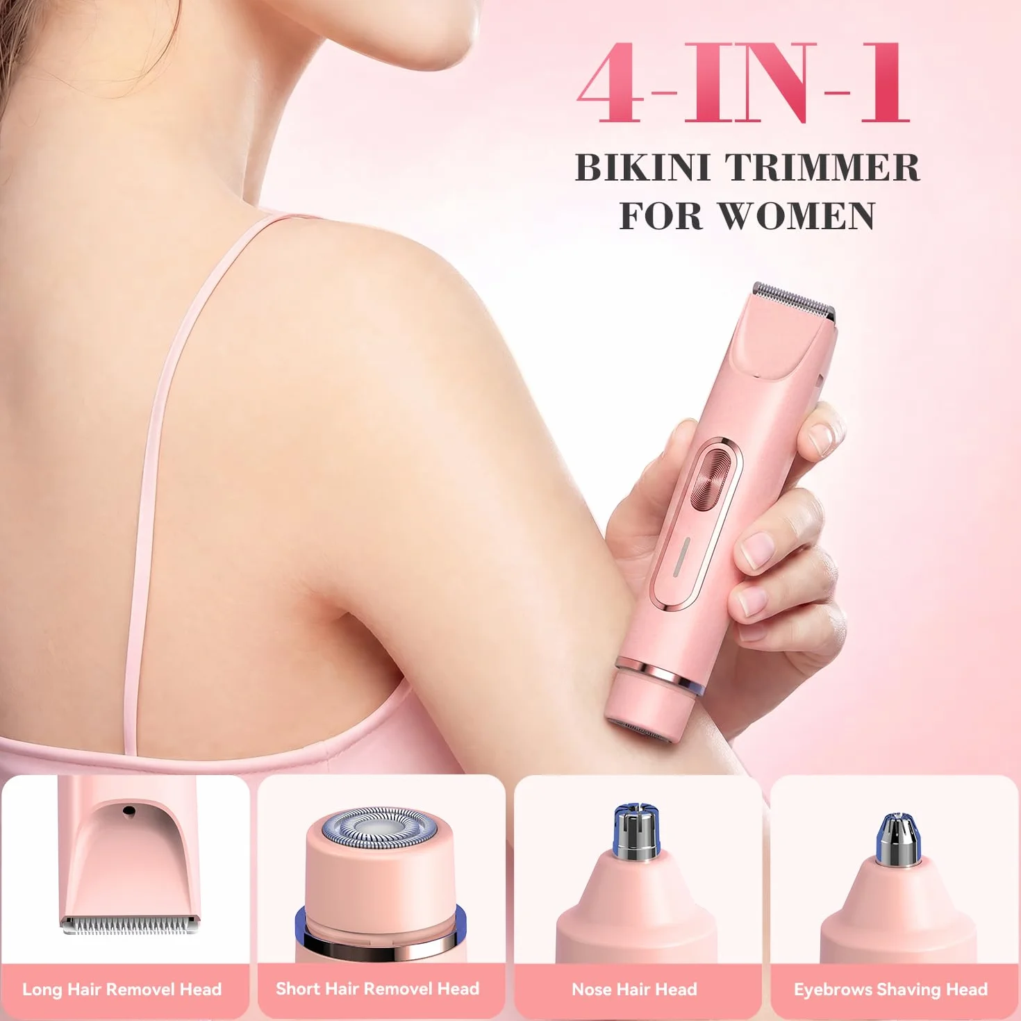 JTF Rasoio Elettrico Donna 4-in-1,Depilatore per Parti Intime, Bikini, Viso, Ascelle, Gambe e Braccia – IPX7 Impermeabile,Ricaricabile USB, Uso Bagnato e Asciutto (Rosa)