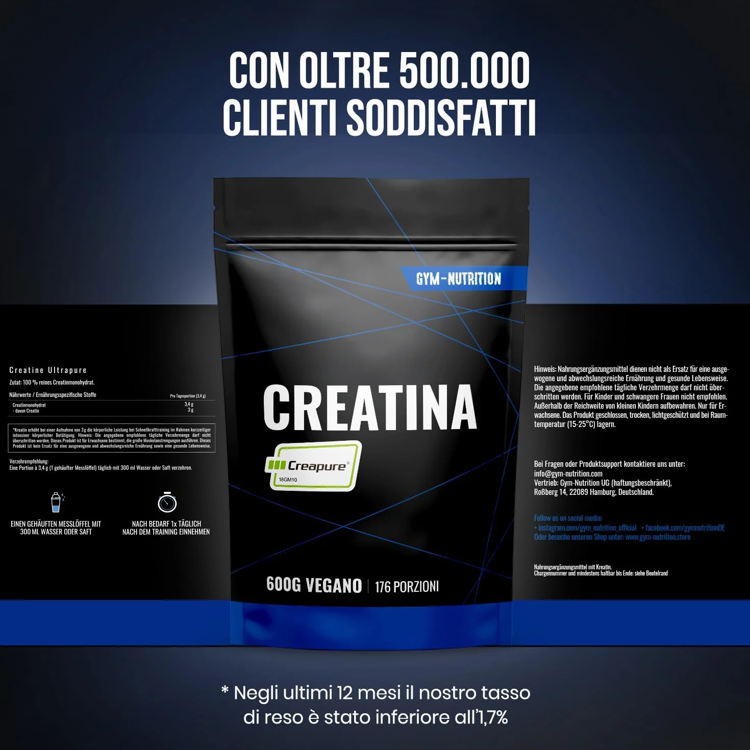 Creatina Creapure® in Polvere – 600 g – 176 Porzioni – Creatina Monoidrata Creapure – Vegana – Prodotta in Germania – Creatine Monohydrate