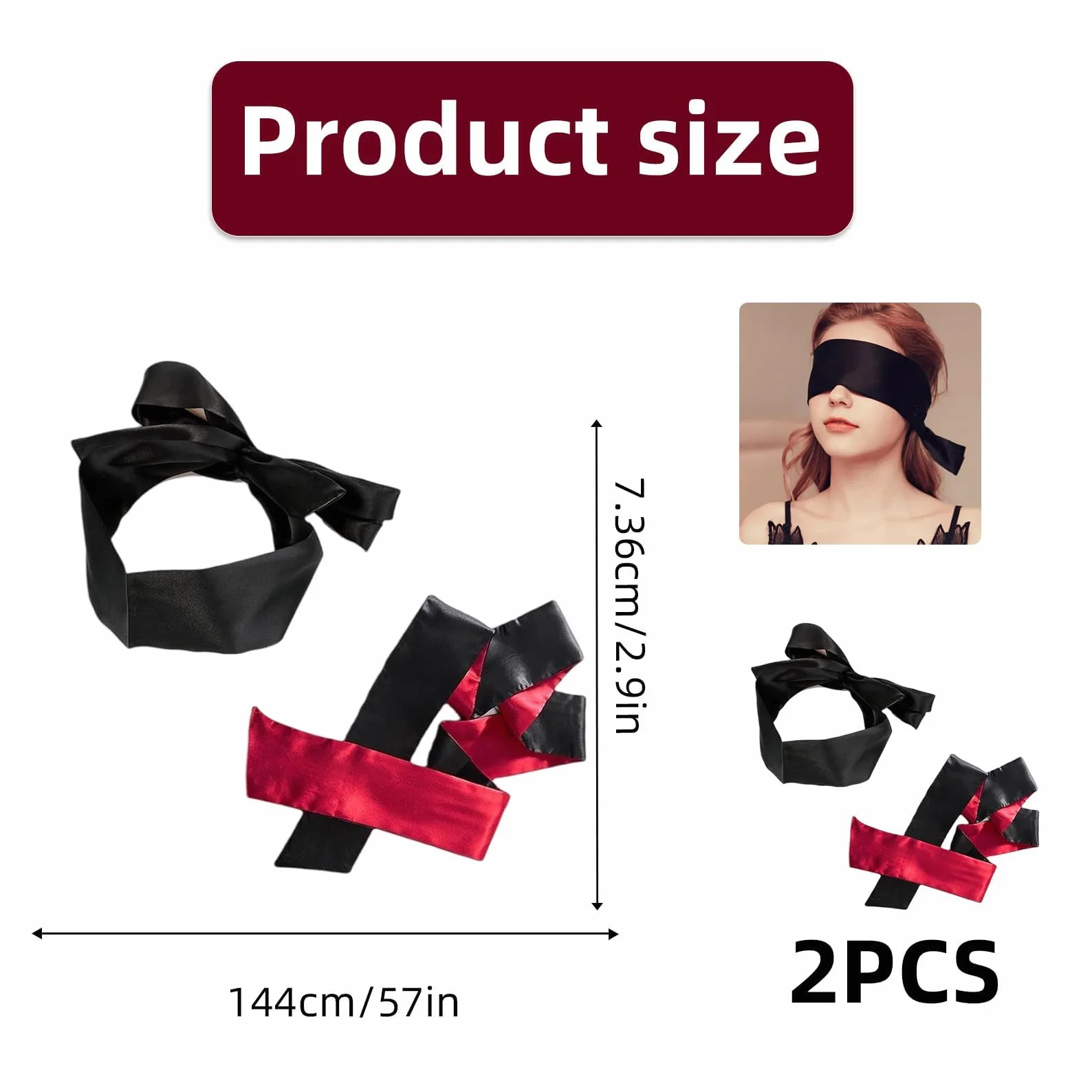 Set di 2 bendaggi in raso regolabili per adulti - Morbidi e confortevoli per coppie (nero rosso)