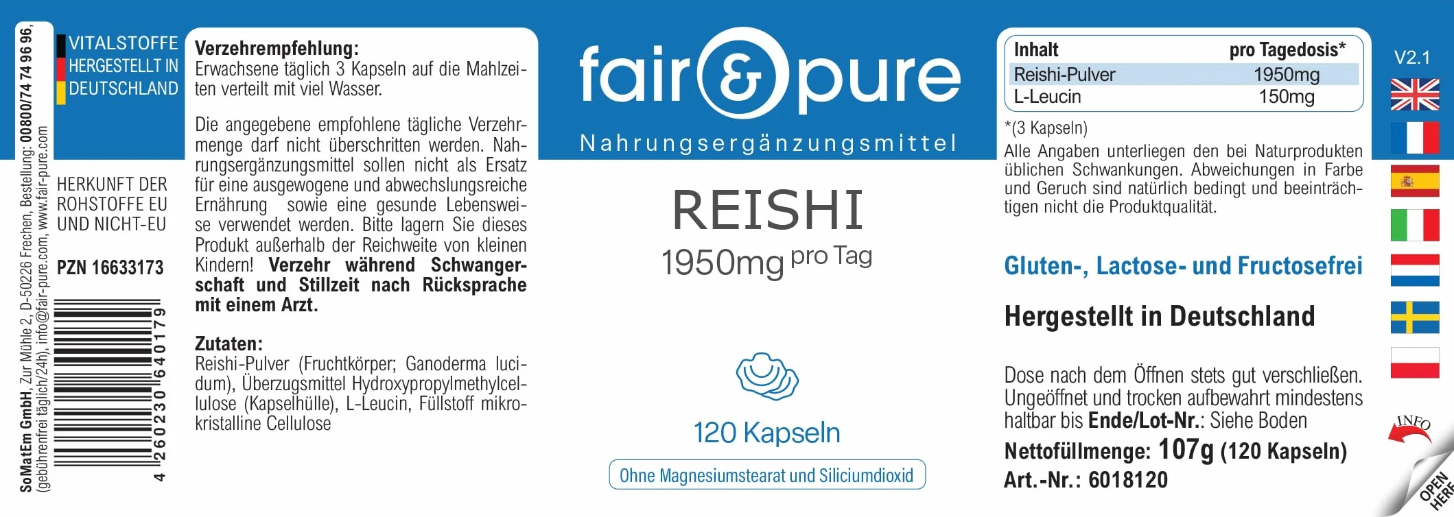 Fair & Pure® - Capsule di Reishi 1950 mg - 120 capsule - Ganoderma lucidum - Fungo medicinale - Altamente dosato - Vegano