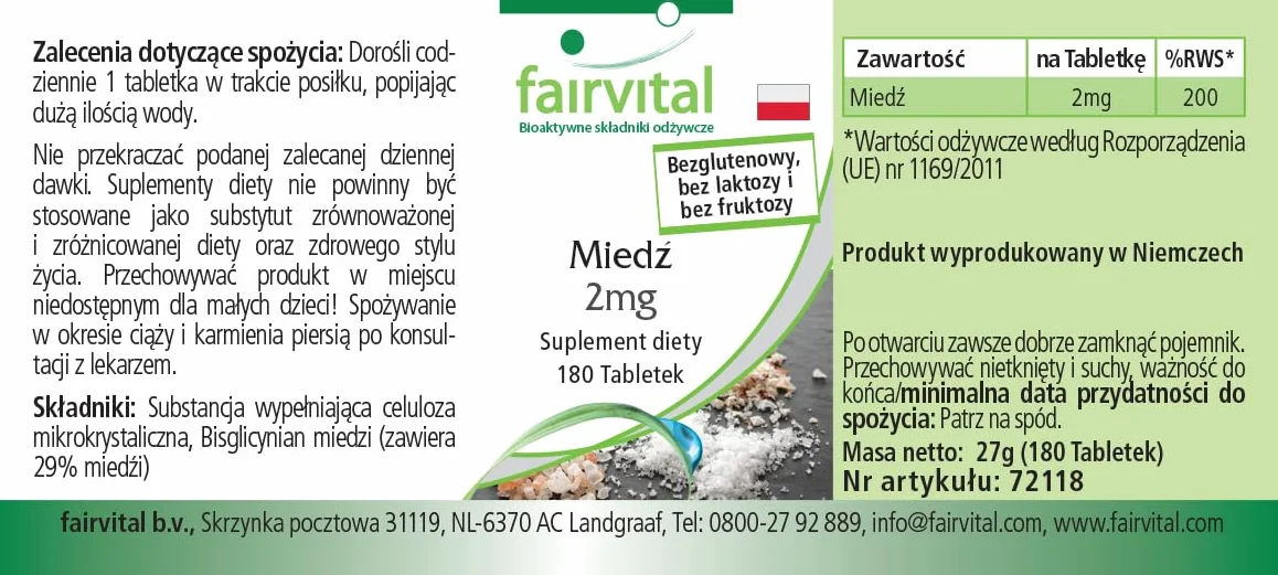 fairvital Rame 2 mg, 180 compresse, facili da deglutire, bisglicinato di rame, qualità testata e ad alto dosaggio, 100% vegano, Made in Germany