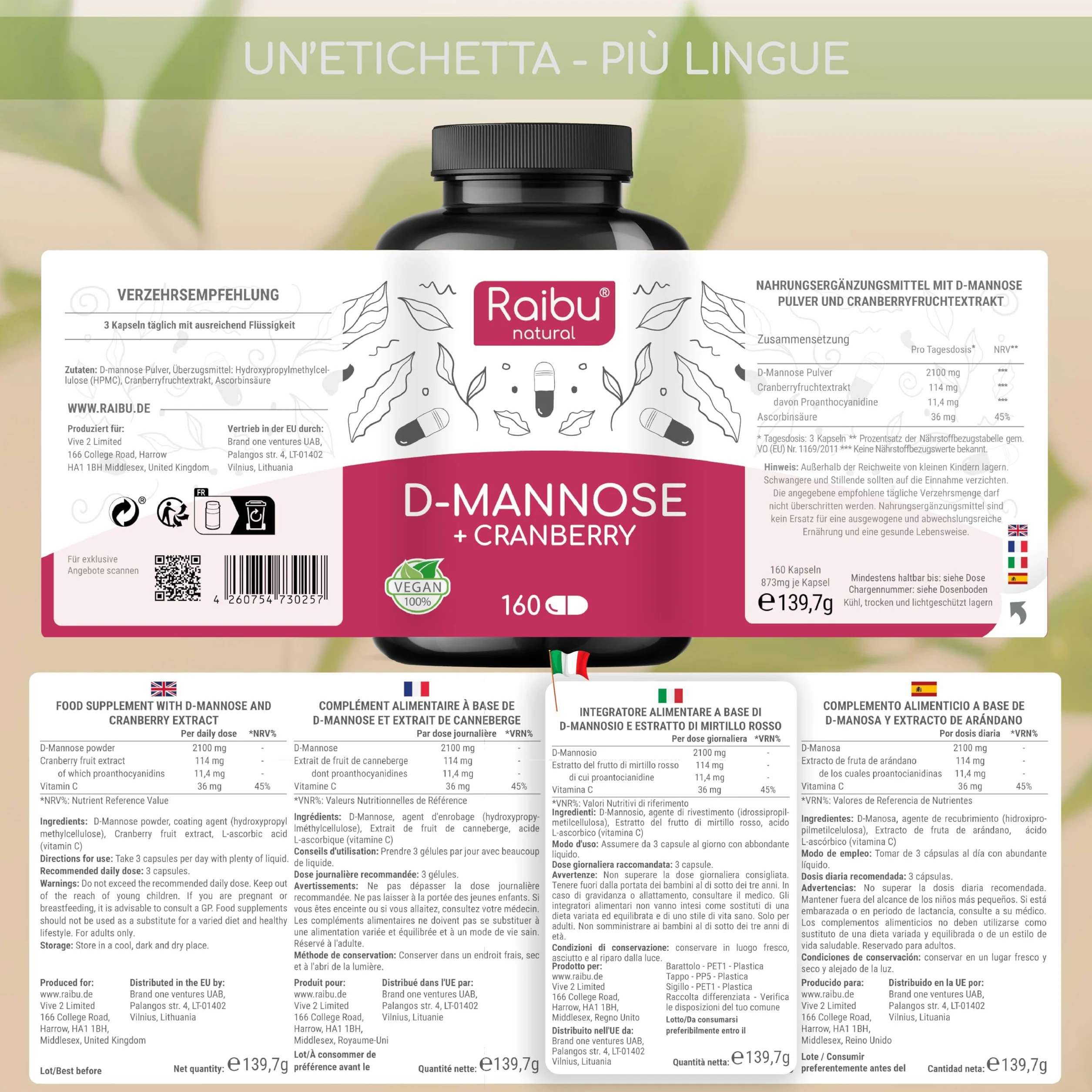 D-Mannosio PURO 2100mg con Mirtillo Rosso 160 Capsule Integratore per Vie Urinarie