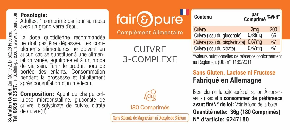 Fair & Pure Complesso di rame a 3 componenti, 180 compresse, 2 mg per compressa, facili da deglutire, integratore alimentare vegano senza additivi, prodotto in Germania