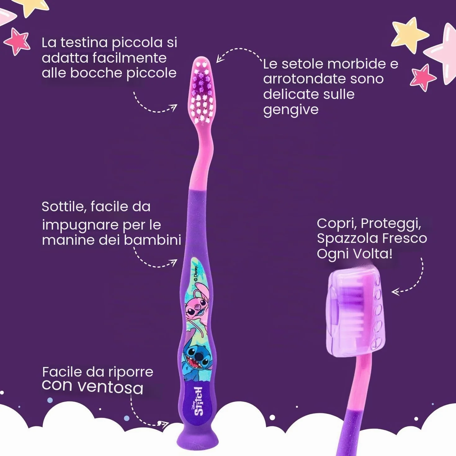 Disney Stitch - Set di spazzolini da denti per bambini, con setole morbide, ventosa e tappo protettivo, dentifricio alla menta e bicchiere multiuso, kit per l'igiene orale da viaggio per bambini dai 3