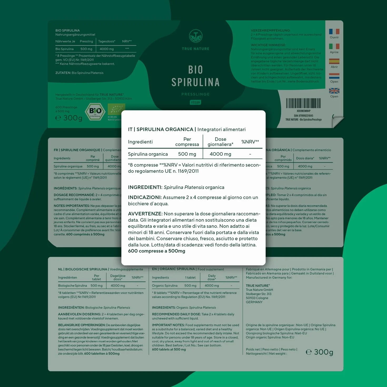 TRUE NATURE Spirulina Bio 600 compresse 500 mg 4000 mg dose giornaliera Ricca di ficocianina e proteine