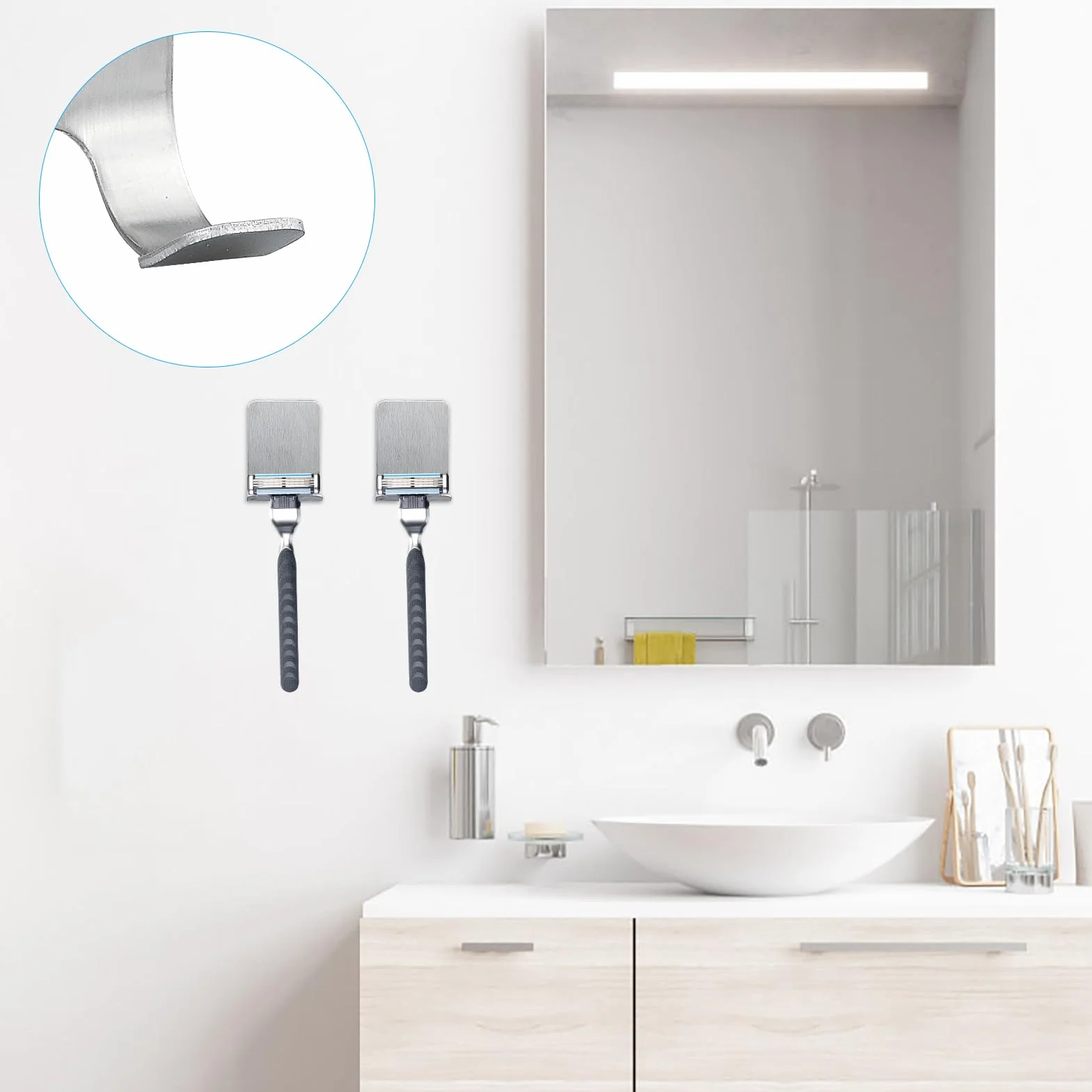 2 pezzi, supporto per rasoio da doccia, argento, senza foratura, acciaio inox, robusto e autoadesivo, multiuso per bagno e cucina