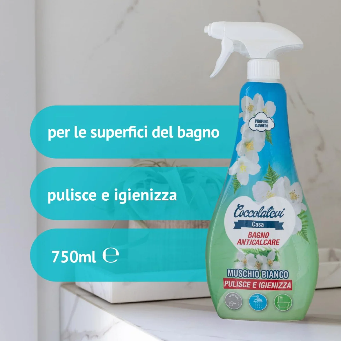 COCCOLATEVI Spray Anticalcare Bagno Muschio Bianco 750 ml x 3 Detergente Bagno