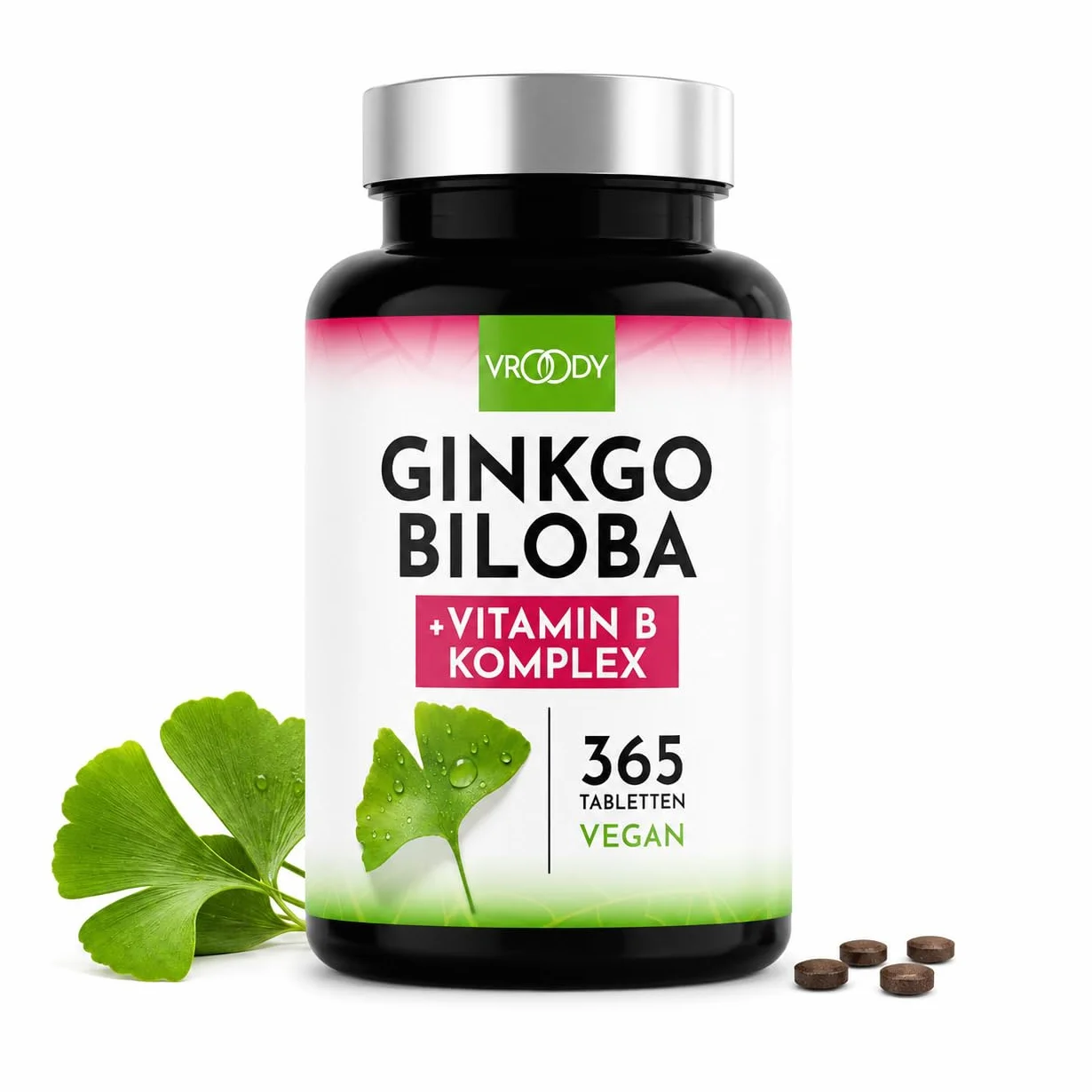 VROODY Ginkgo Biloba estratto vegano ad alto dosaggio 365 compresse vitamina B12