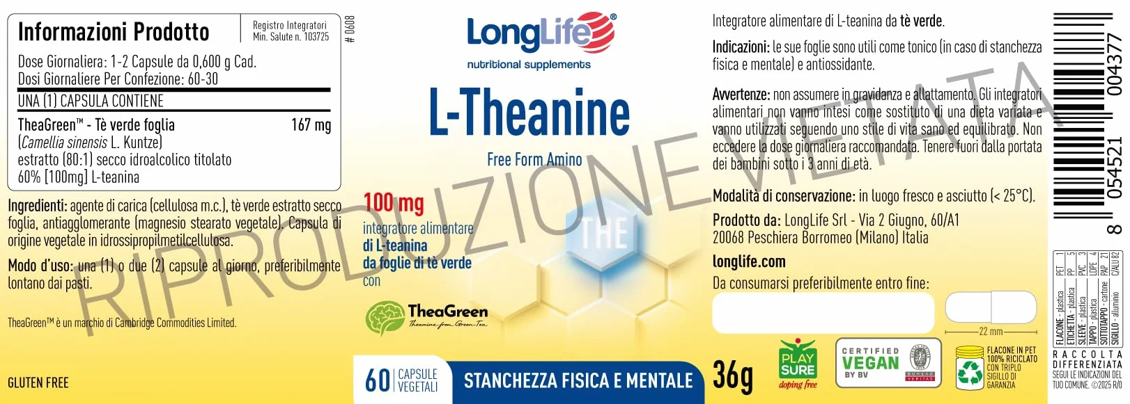 LongLife® L-Theanine | Con L-teanina da tè verde 100mg | Rilassamento e concentrazione | Antiossidante | Fino a 2 mesi di trattamento | Vegano e senza glutine