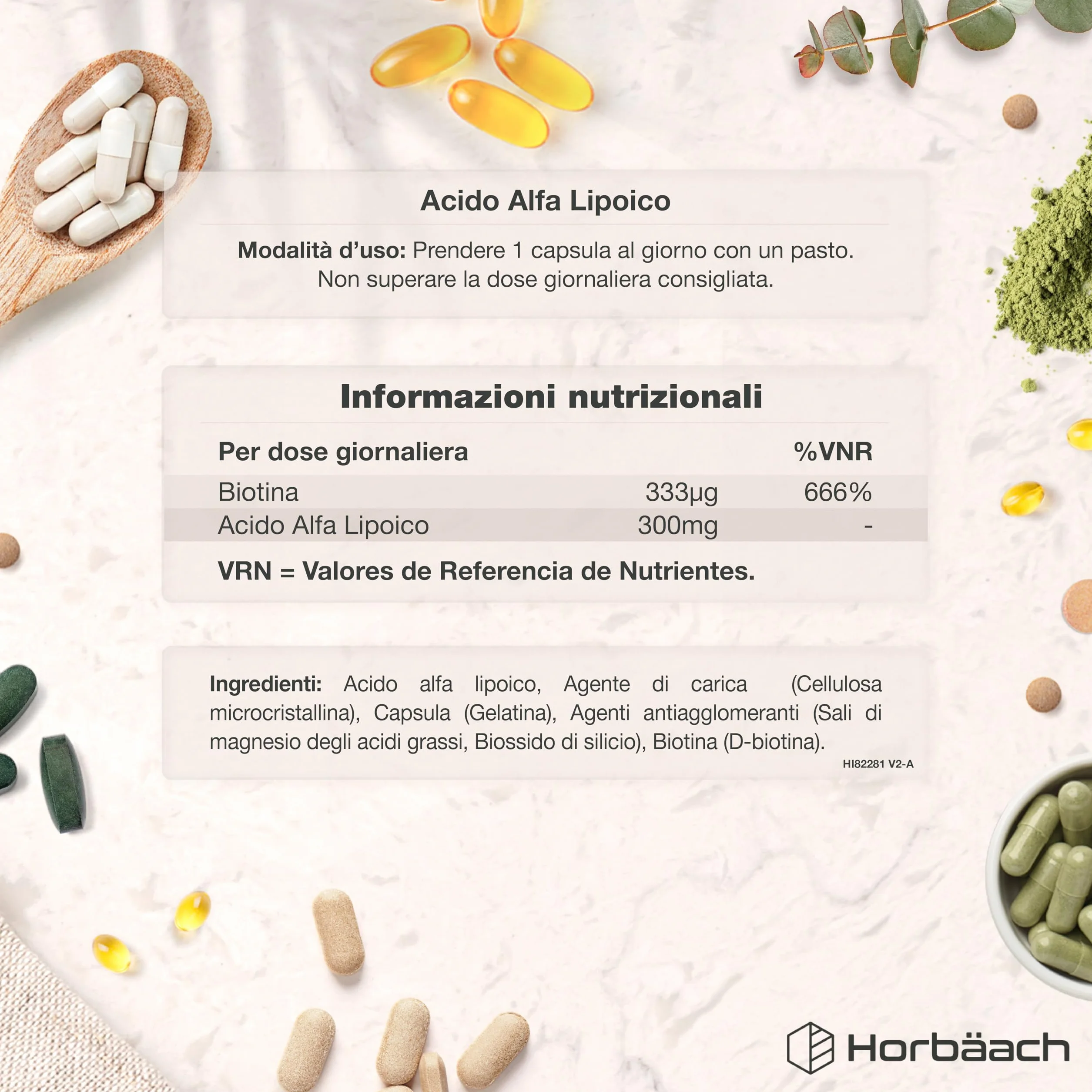Horbaach Acido Alfa Lipoico 300ug Biotina 120 Capsule Alto Dosaggio Integratore Alimentare