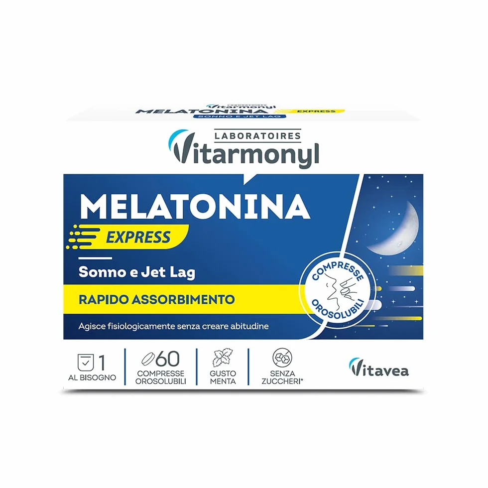 Vitarmonyl Melatonina Express 1 mg Integratore Sonno Jet Lag Compresse Orosolubili Rapido Assorbimento Gusto Menta 60 Compresse
