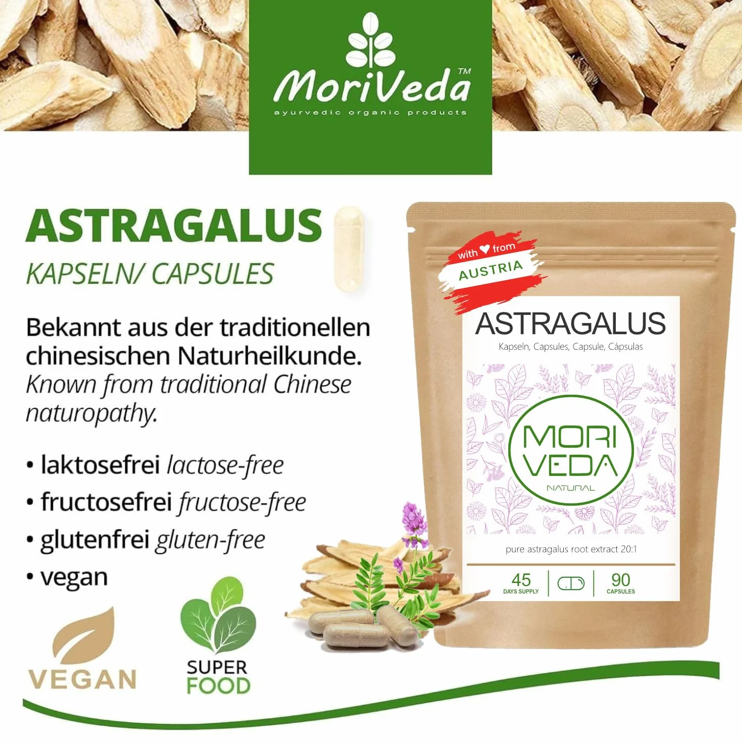 MoriVeda® Astragalus capsule 1600 mg estratto di radice di tragacanto polvere 112 mg polisaccaridi vegan senza glutine 90 capsule