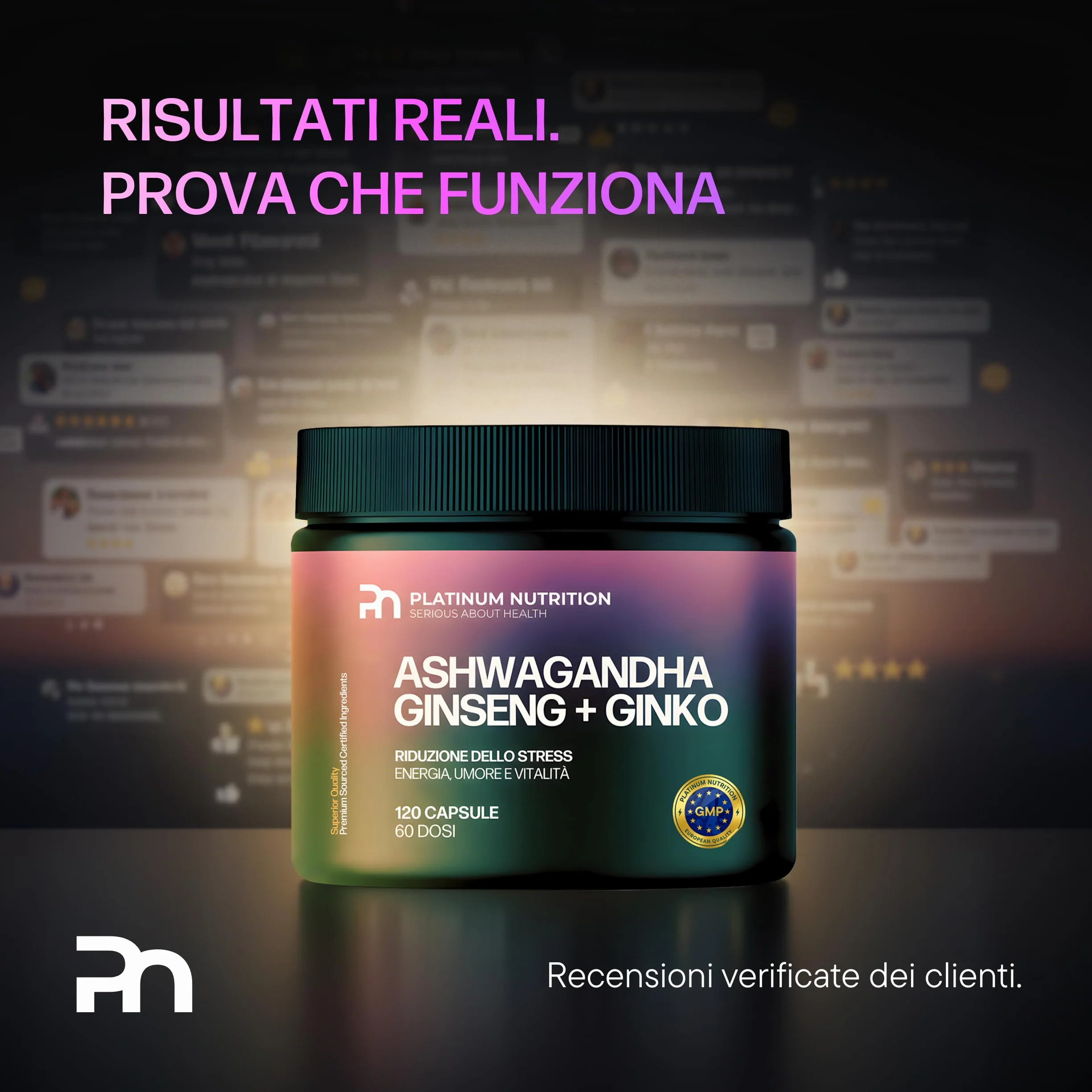 Platinum Nutrition Ashwagandha KSM-66 con Ginseng & Ginkgo Biloba, 120 Capsule (2 Mesi) | Integratore Naturale Adattogeno per Energia Mentale, Memoria, Ansia e Stress | Complesso con Ashwagandha Pura