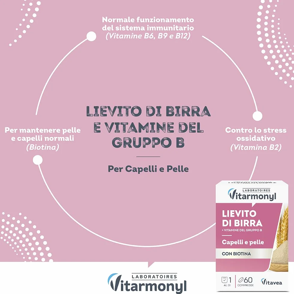 Vitarmonyl Lievito di Birra 60 Compresse per Capelli e Pelle con Biotina e Vitamine B1, B2, B3, B6, B9, B12