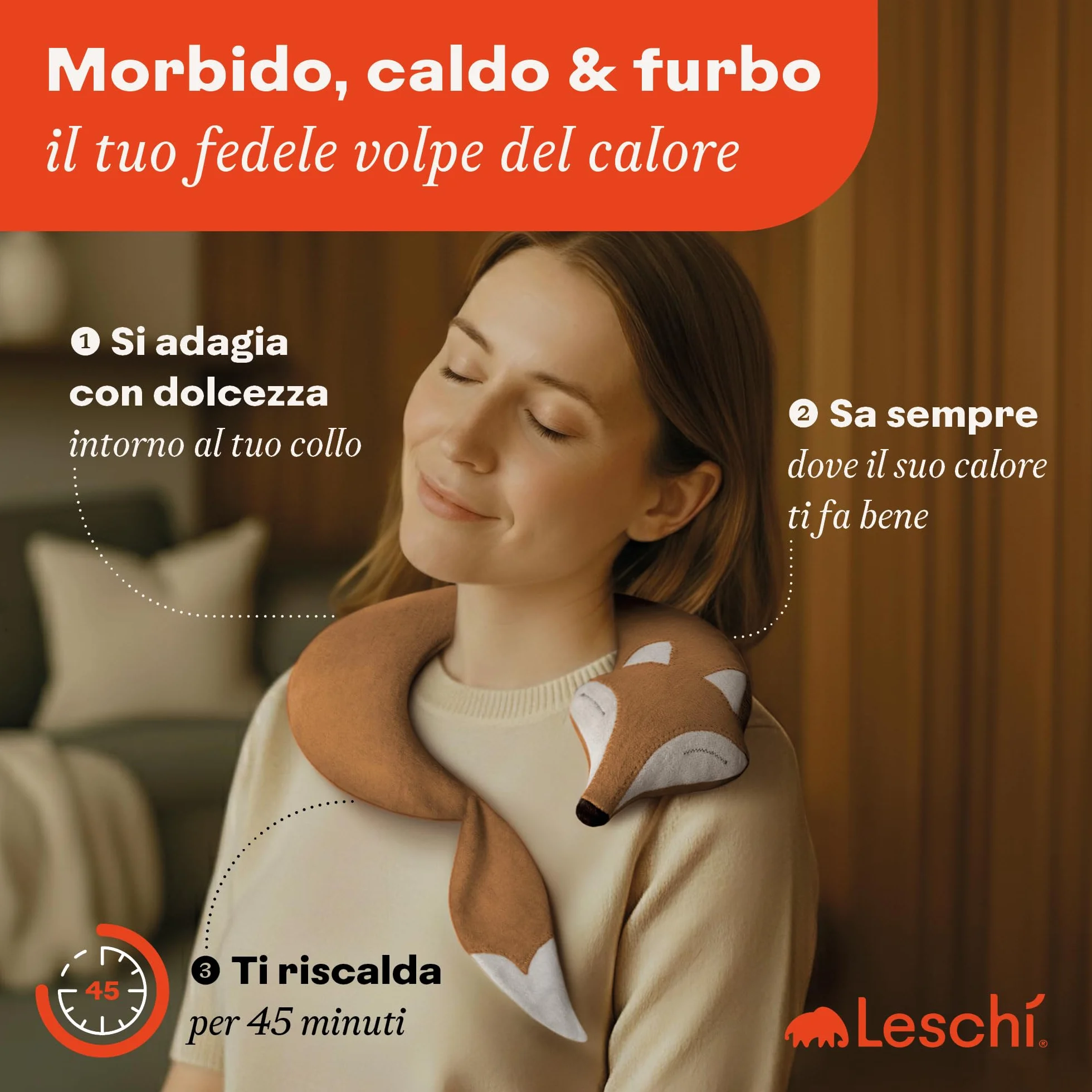 LESCHI Cuscino cervicale termico per microonde - 100% cotone e grano biologico - Cuscino riscaldante ideale per sciogliere tensioni a collo, spalle e schiena - Volpe, beige