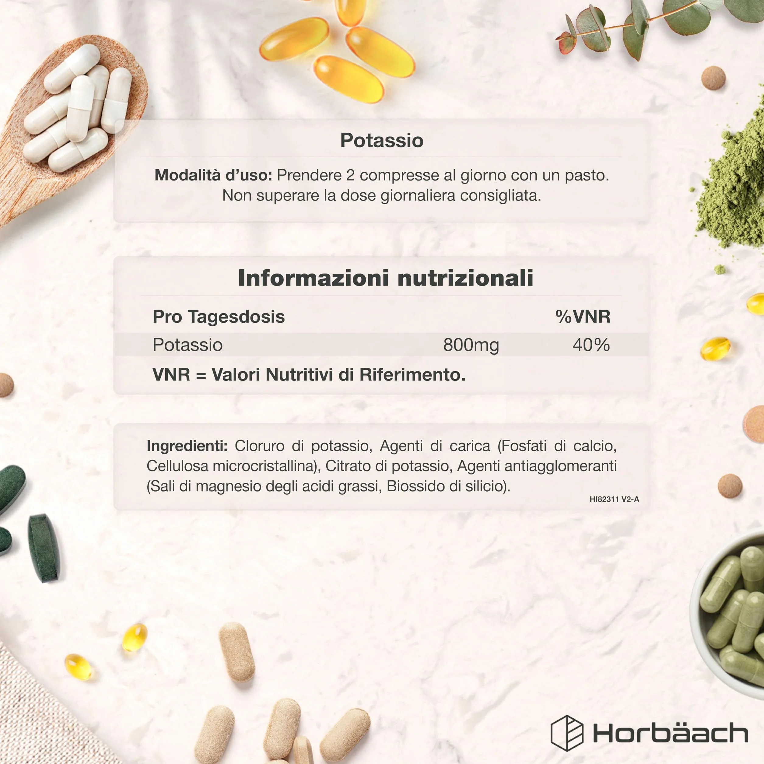 Potassio Integratore 800mg | 120 Compresse Vegane | ad Alto Dosaggio | Potassium | Horbaach