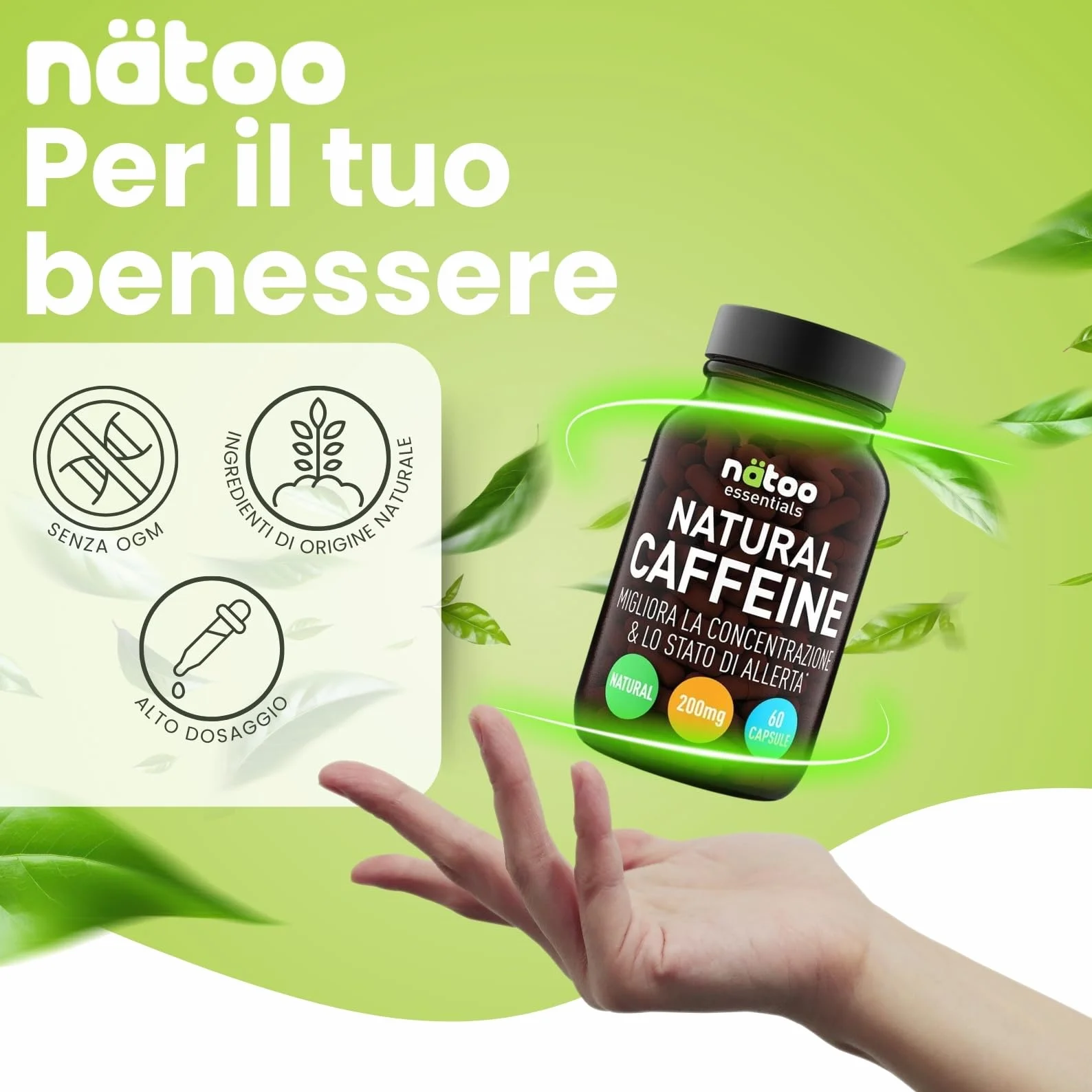 Caffeina 200mg 60 Capsule Vegane, Caffeina Pura da Caffe Verde Coffea arabica, Pre-Workout Integratore